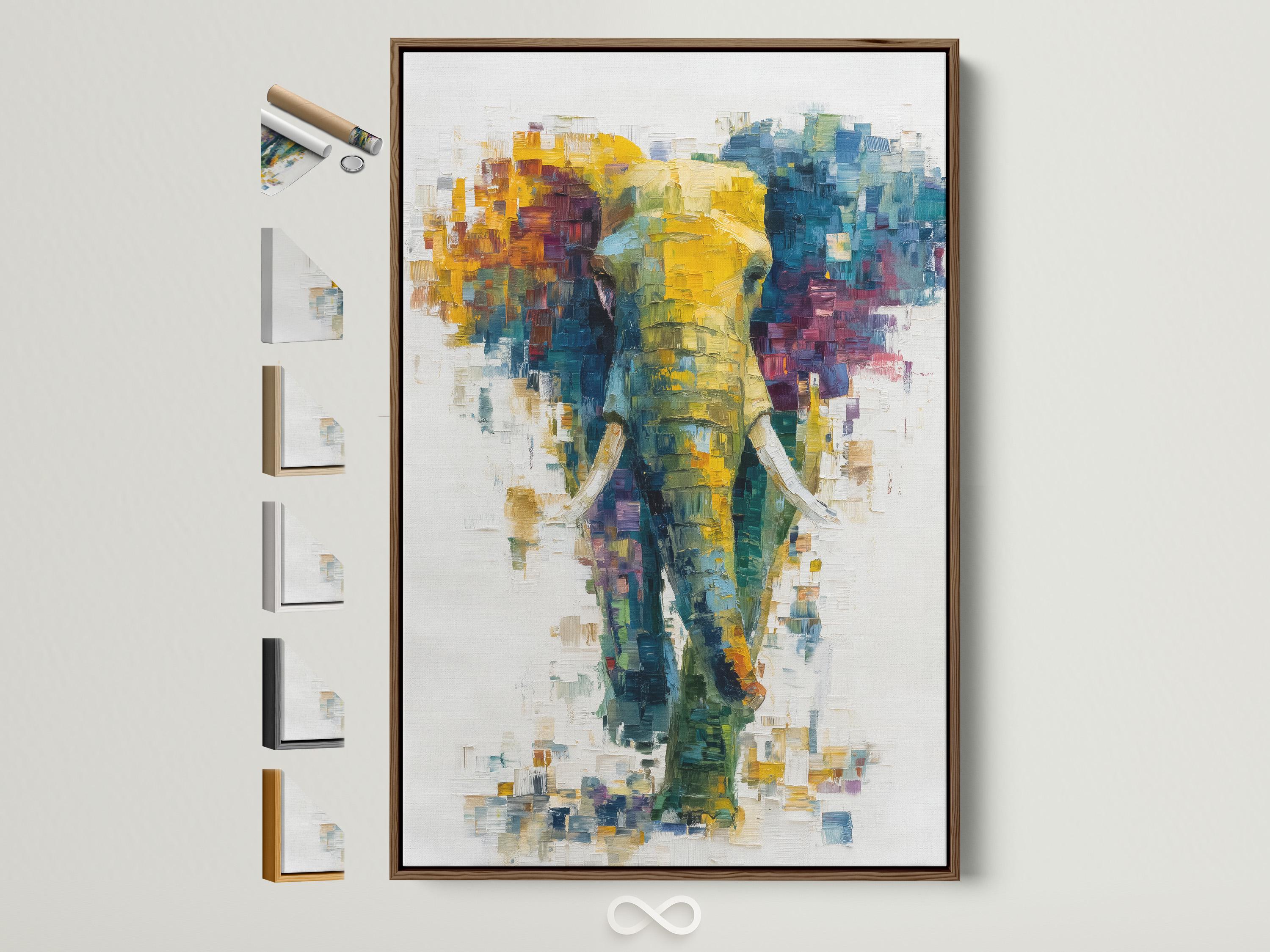 Abstract elephant artwork with layered teal, yellow and magenta colour blocks on an off-white background detail view