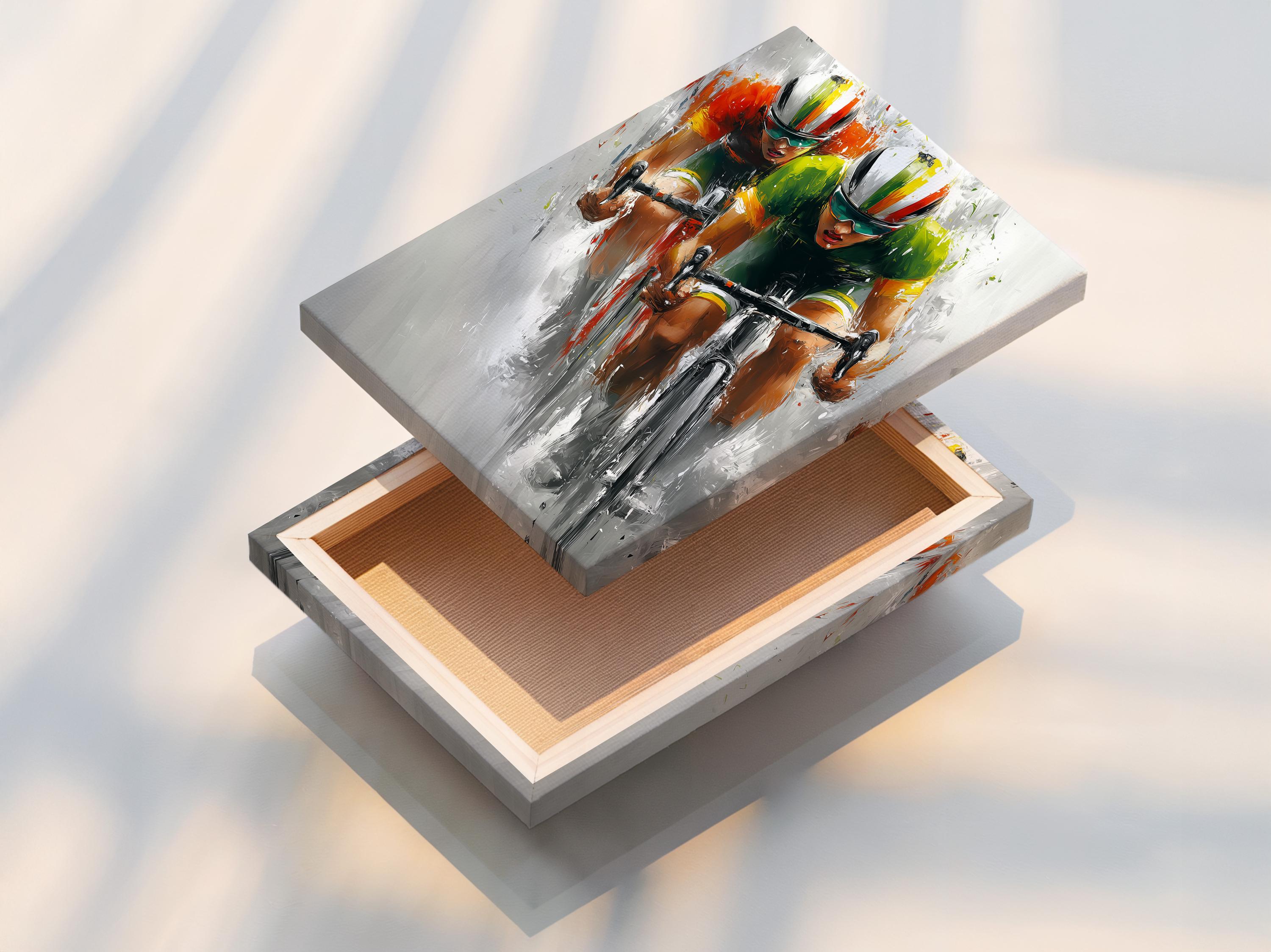 Cycling artwork mockup showing a framed print with two cyclists racing diagonally