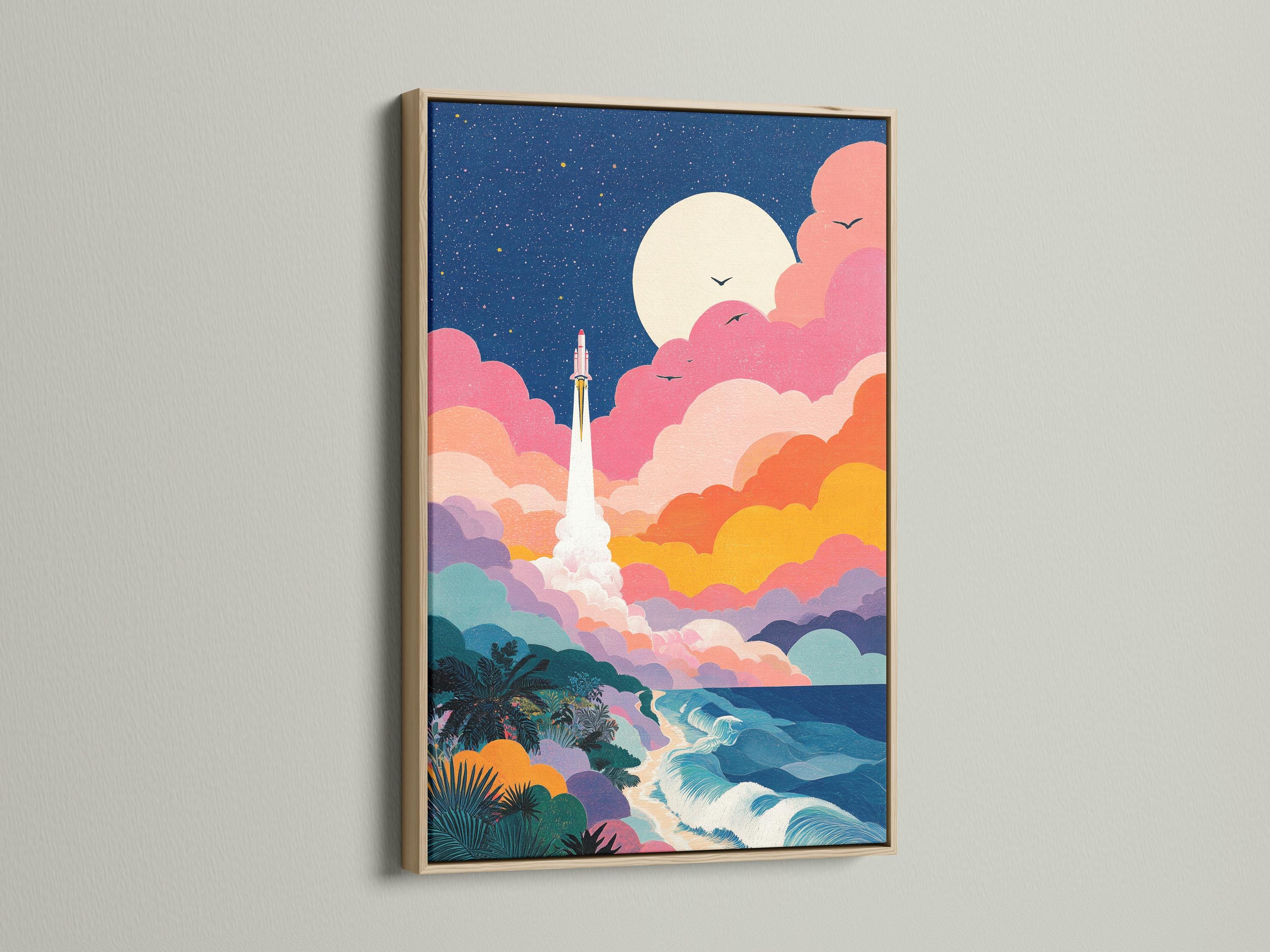 Retro rocket launching from a beach under a starry night sky with pink clouds and birds detail view
