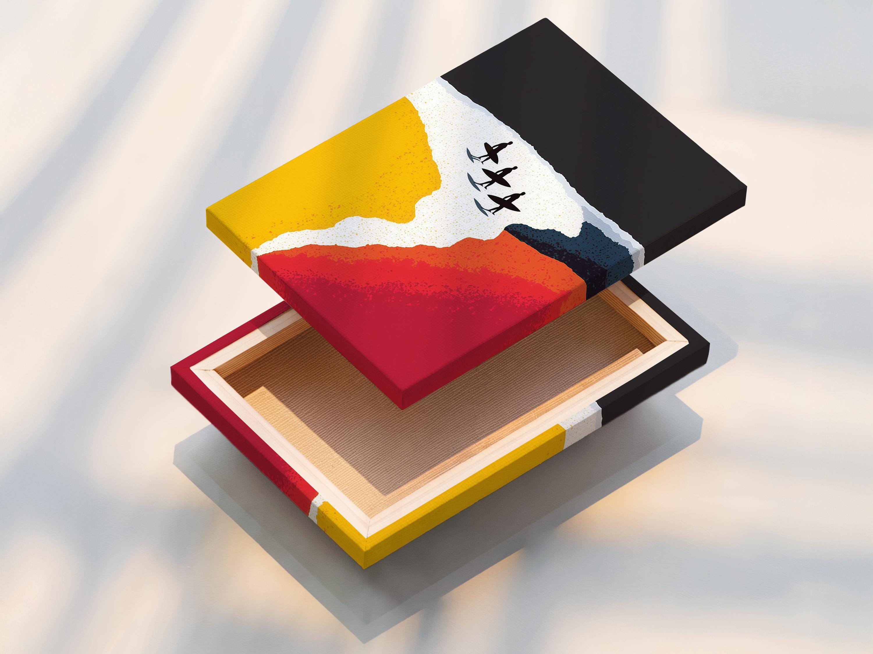 Stylised beach scene with red and yellow colour blocks, white sand and three black surfers on surfboards detail view