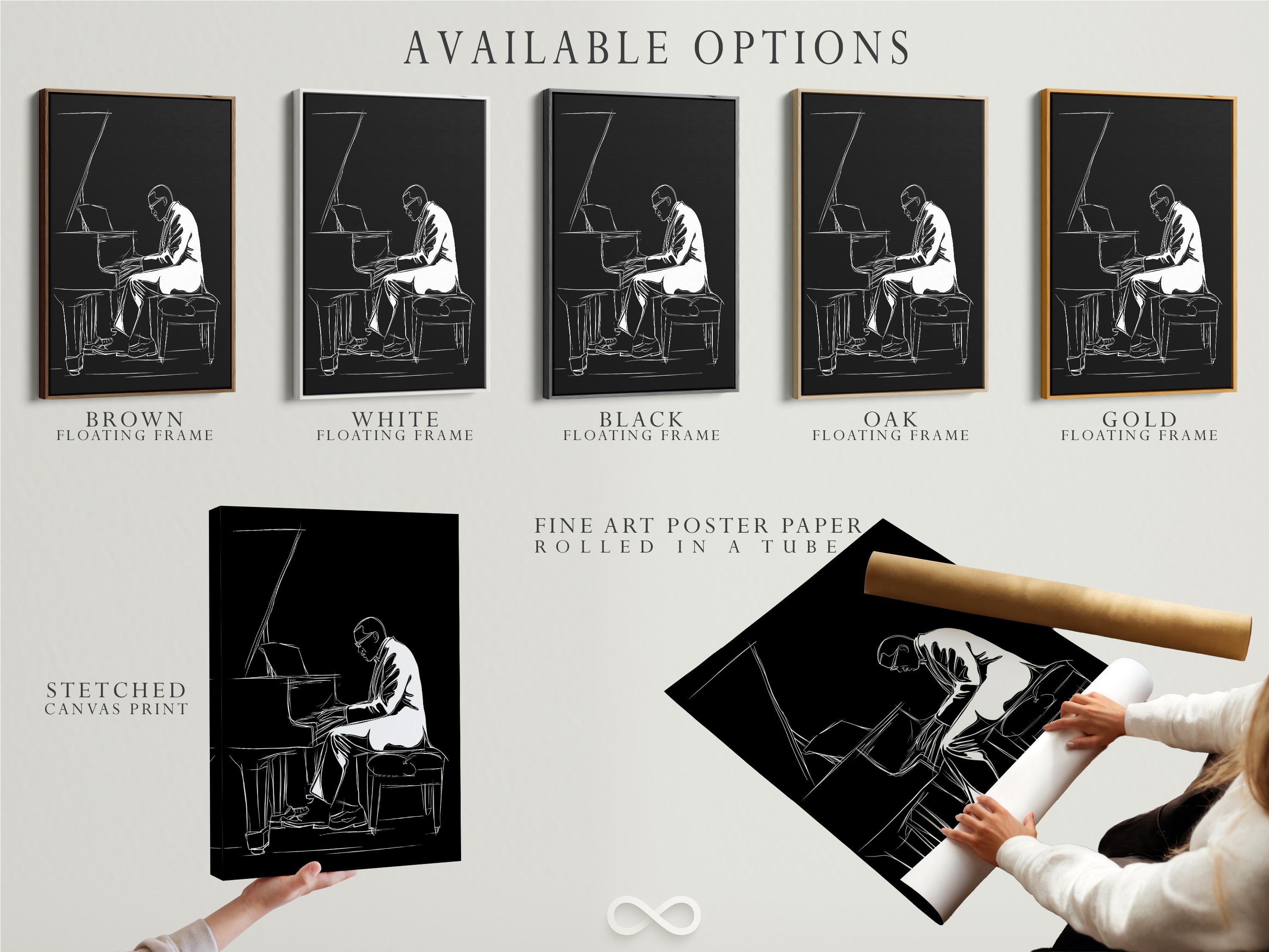 Minimalist black-and-white line drawing of a pianist playing a grand piano detail view