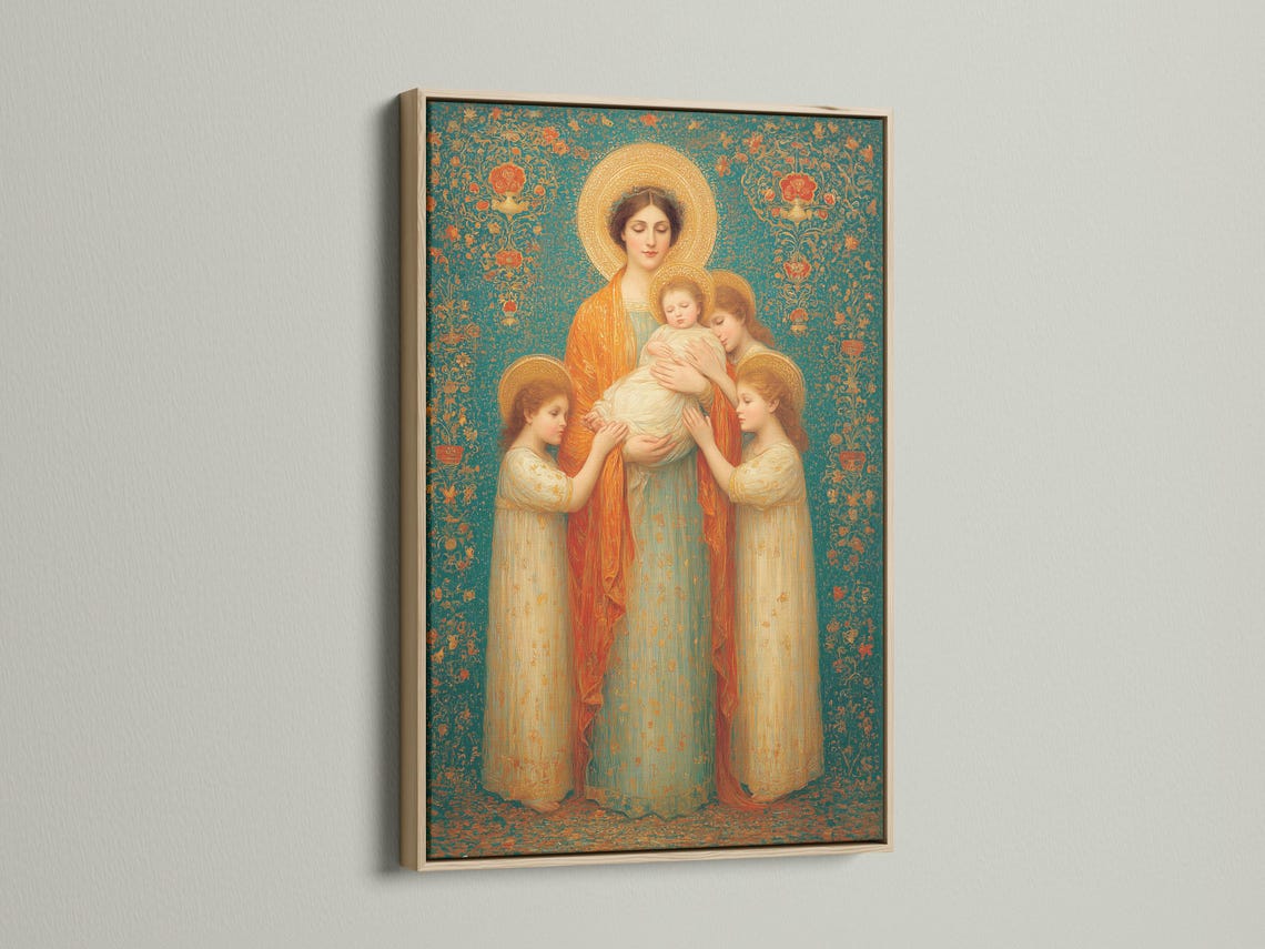Portrait artwork mockup of a framed Madonna and child scene with teal floral background