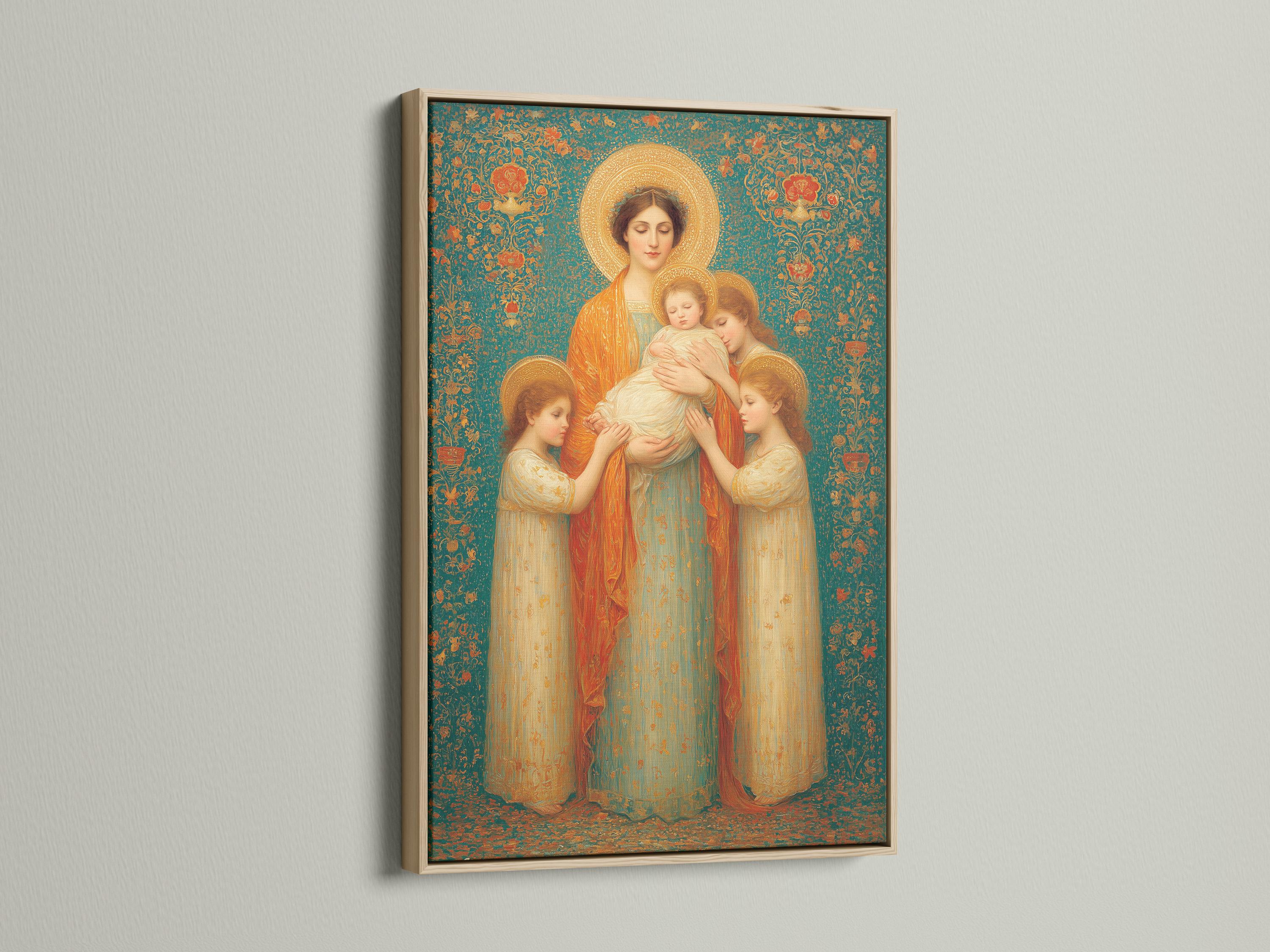 Portrait artwork mockup of a framed Madonna and child scene with teal floral background