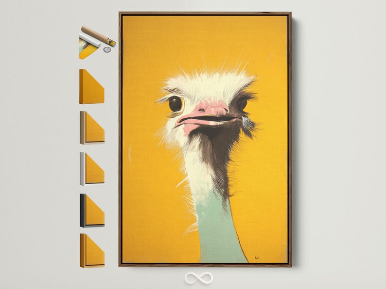 Stylised ostrich head portrait in mustard yellow with white feathers, dark eyes and a pink beak interior