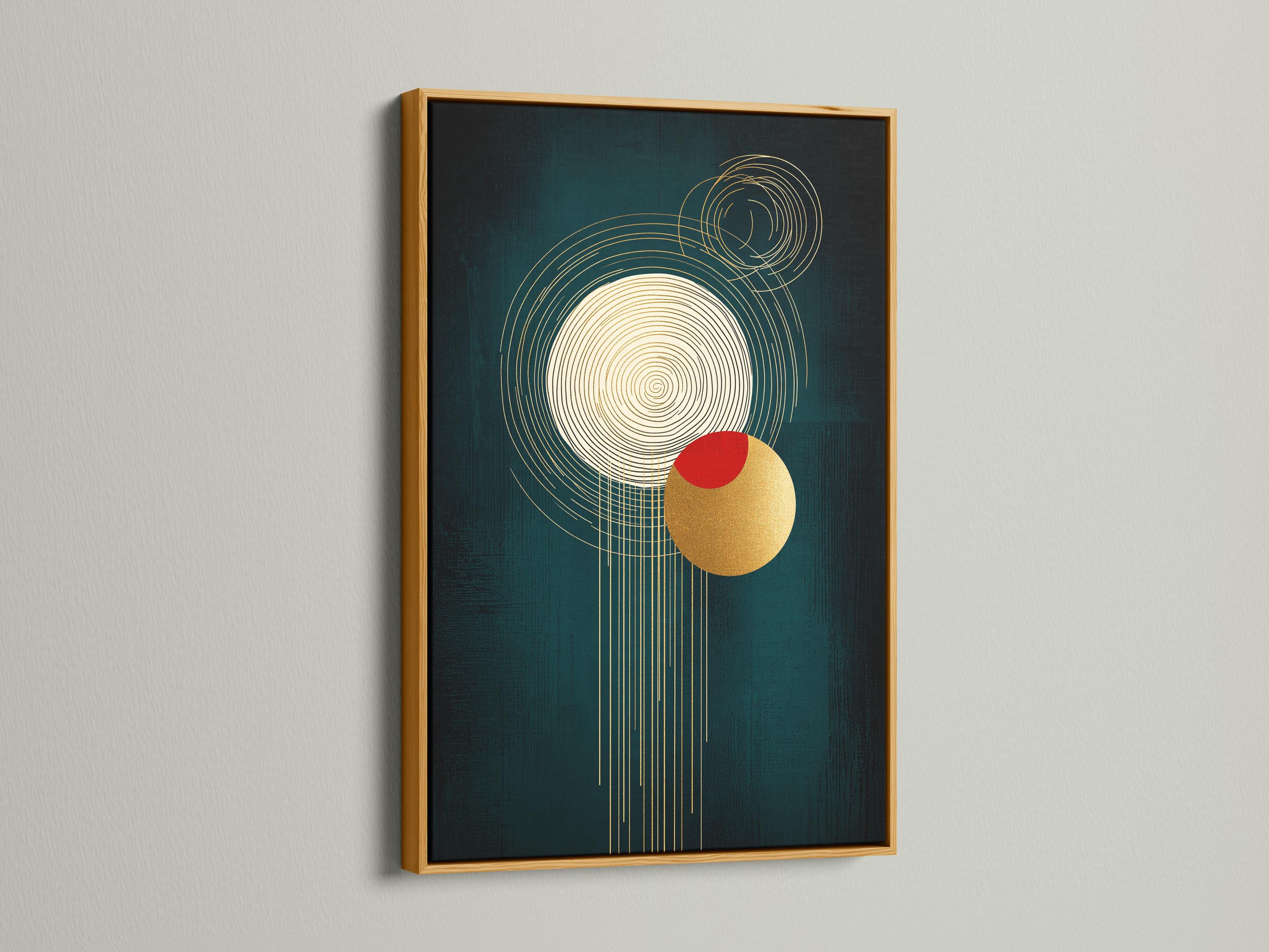 A teal abstract background features intersecting golden line circles, a red circle accent, and a gold disc with draping vertical lines detail view