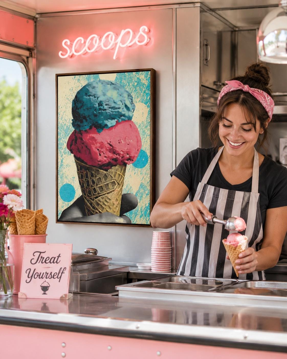 Pop-art ice cream cone illustration with turquoise and coral scoops and a patterned cone detail view