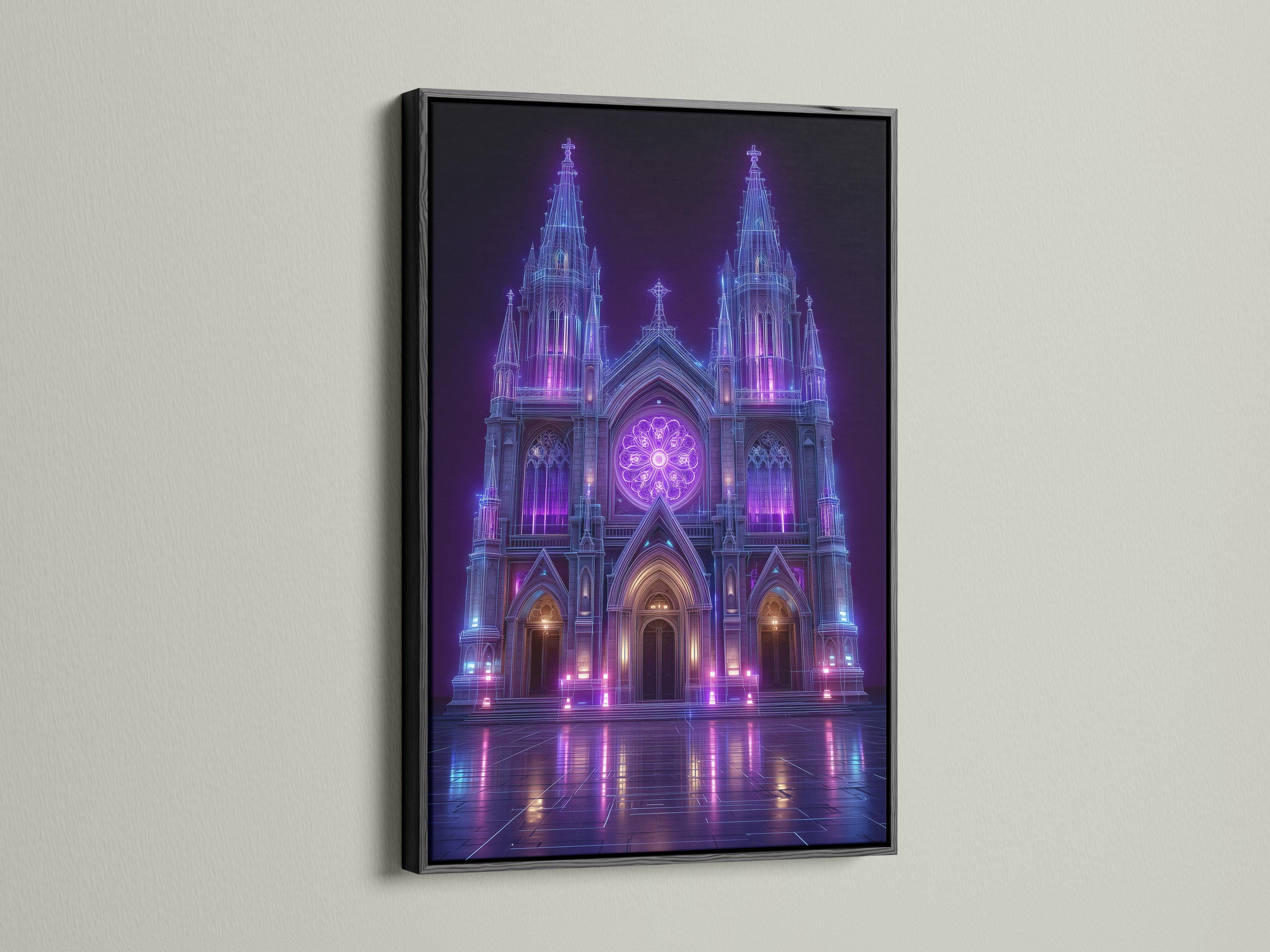 Neon purple and blue gothic cathedral façade with glowing rosette window and reflections detail view