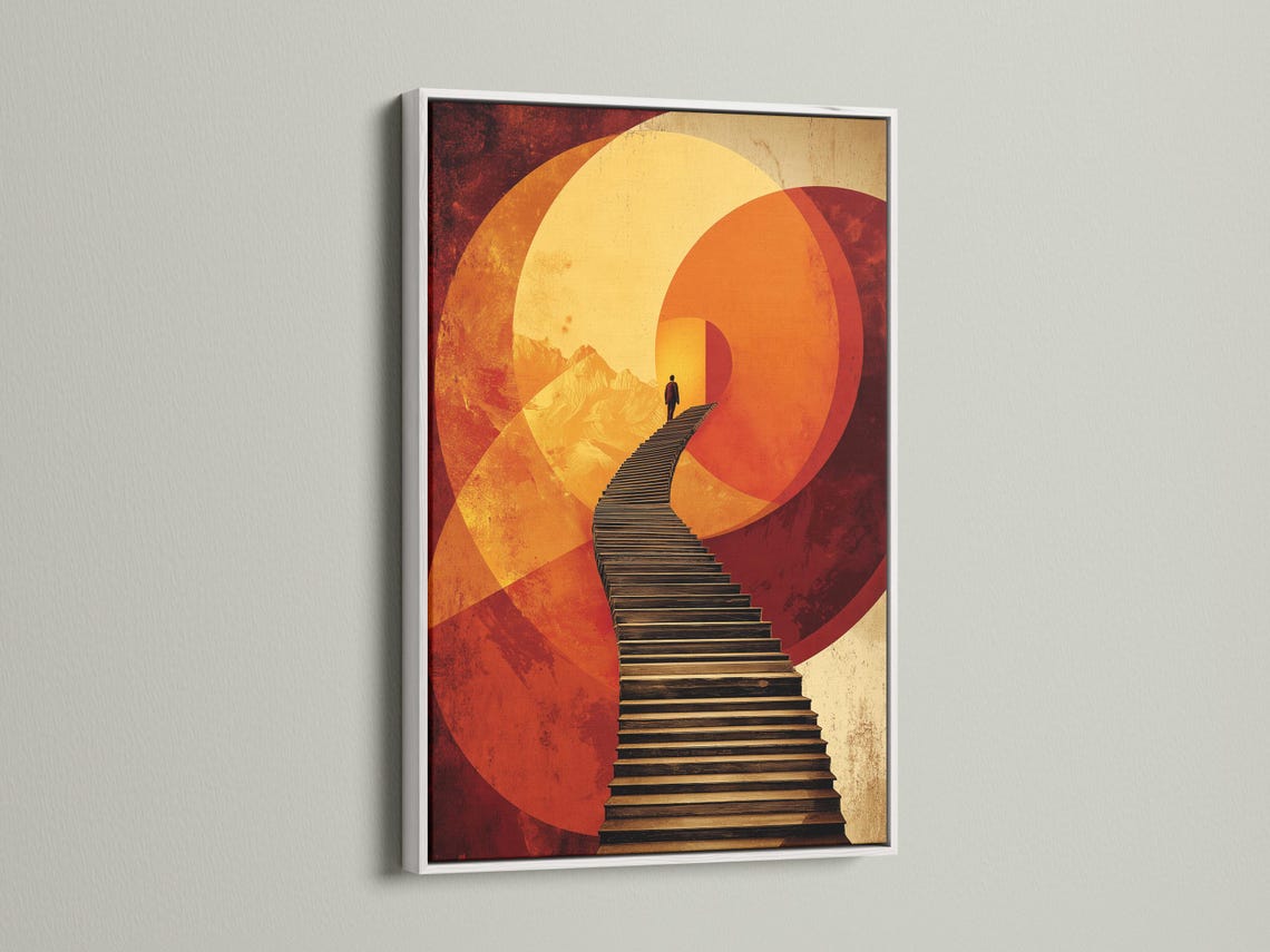 Warm orange and gold geometric arch artwork with a diagonal staircase and a dark silhouetted figure detail view
