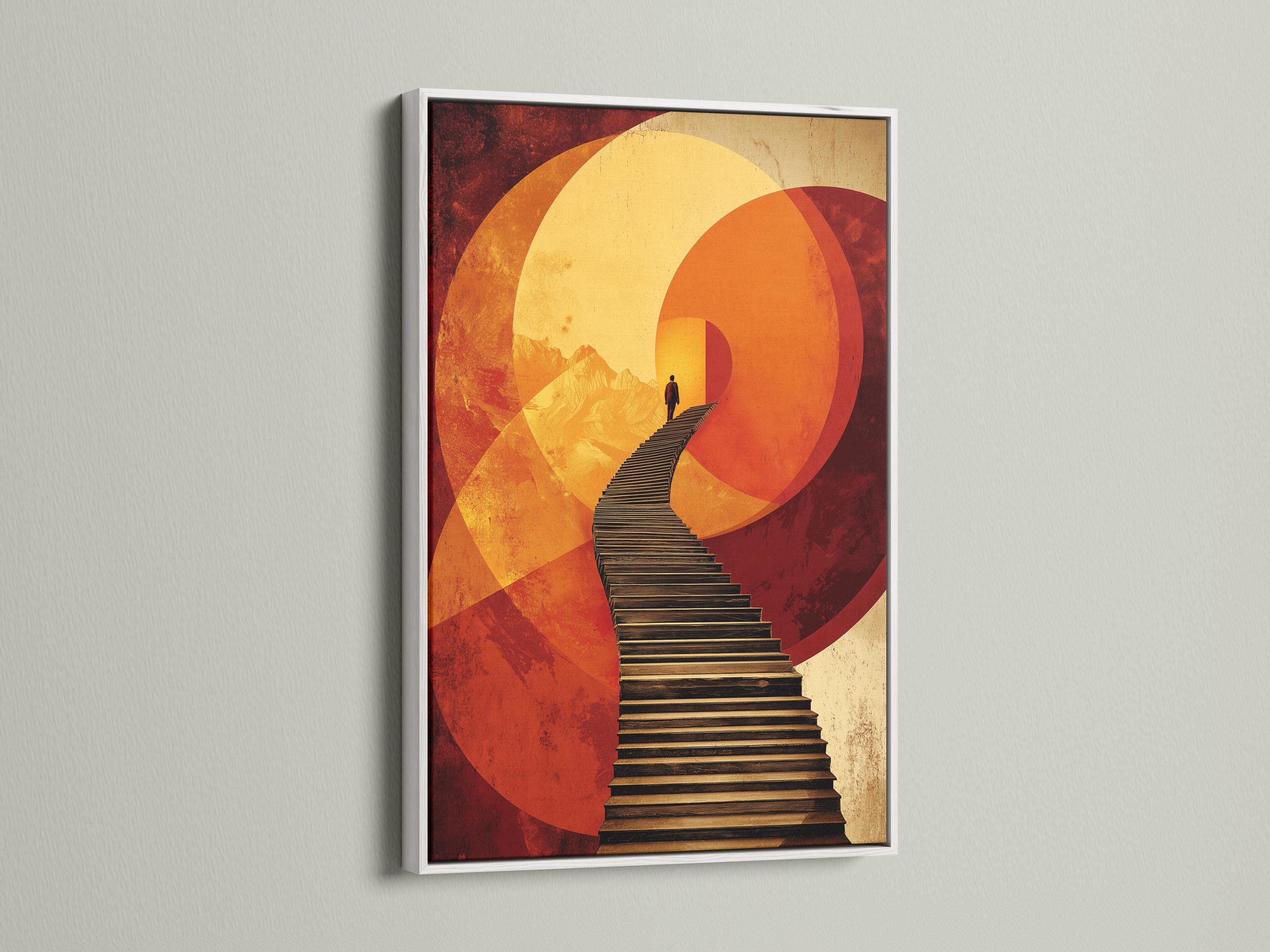 Warm orange and gold geometric arch artwork with a diagonal staircase and a dark silhouetted figure detail view