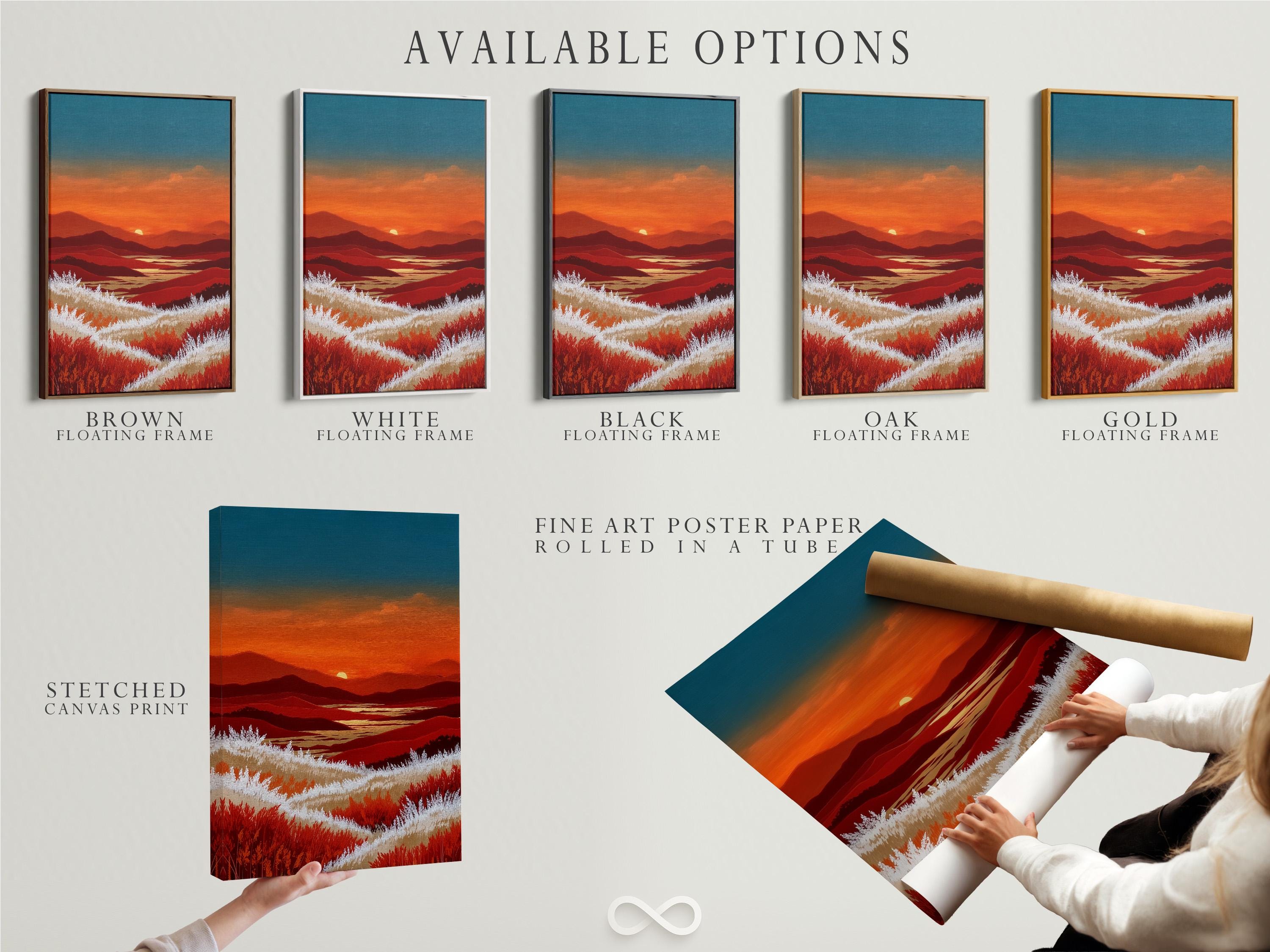 A stylised mountain sunset landscape shows layered ridgelines beneath a teal-blue sky and warm orange horizon, with bright white grass bands and red