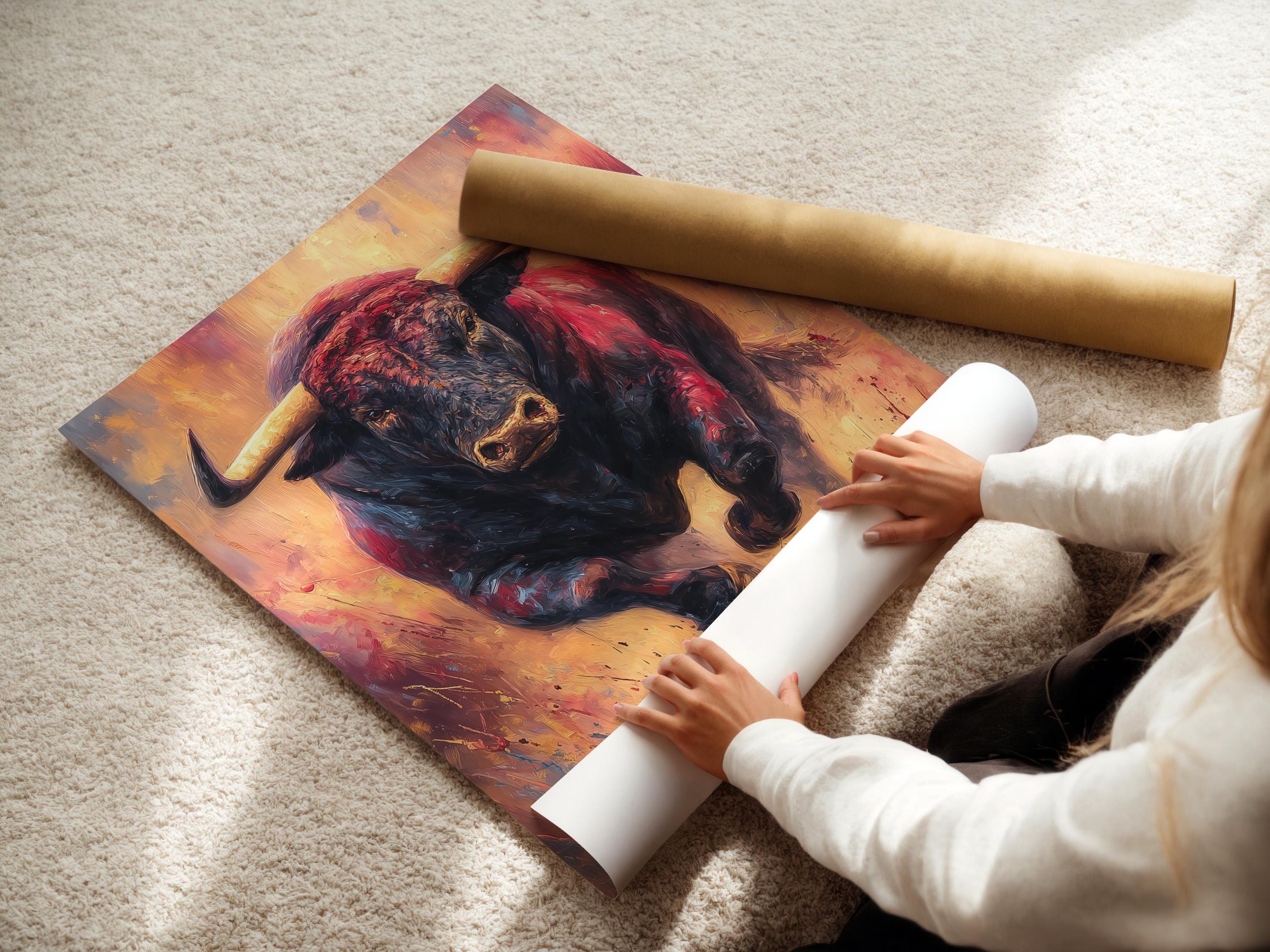 Portrait of a bull with dark charcoal and black tones, red highlights and warm gold accents detail view