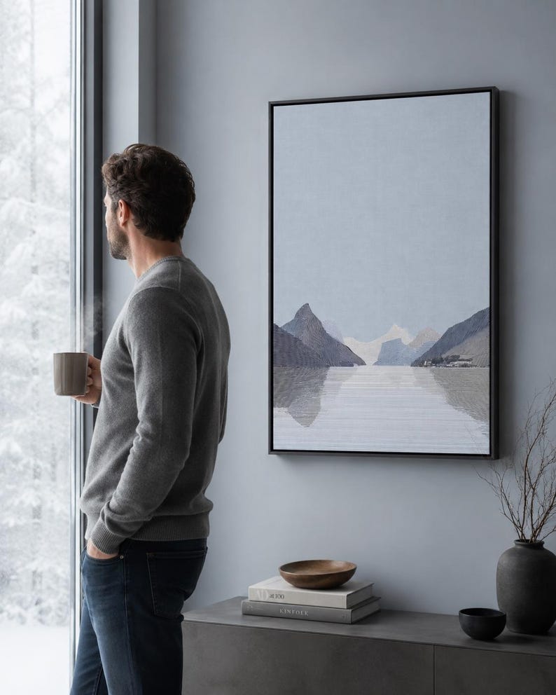 Abstract mountain landscape with light blue horizon and layered geometric ridges