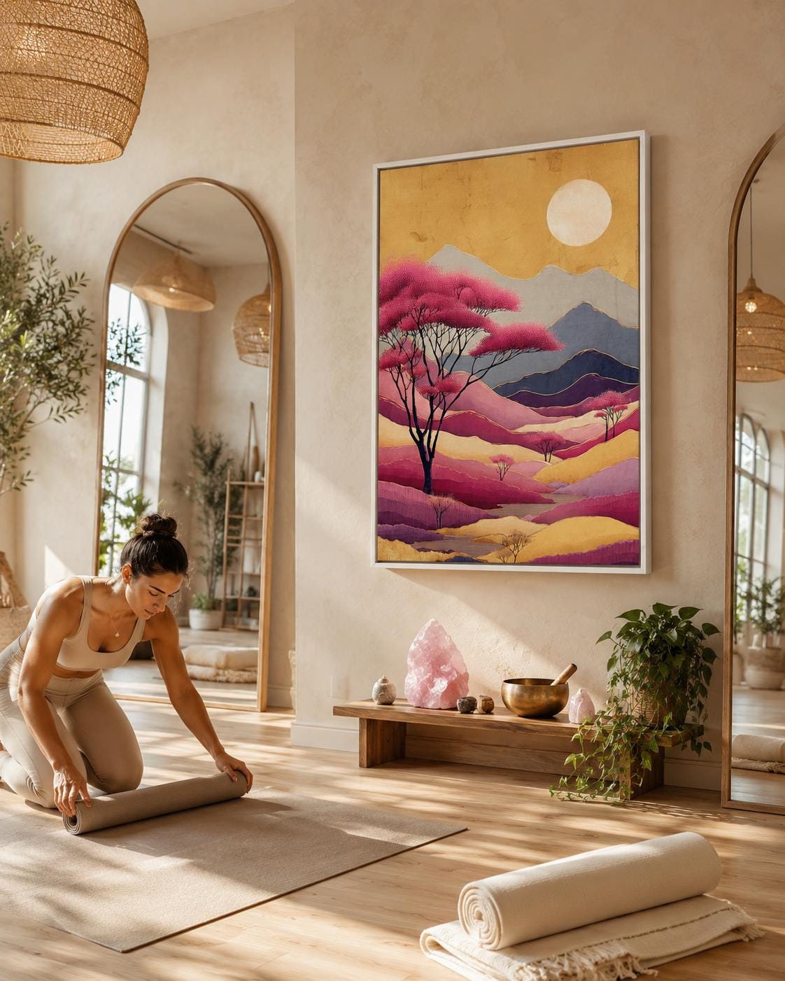 Painterly mountain landscape with blush-pink blossom trees, layered ridges and a pale moon in warm gold tones detail view