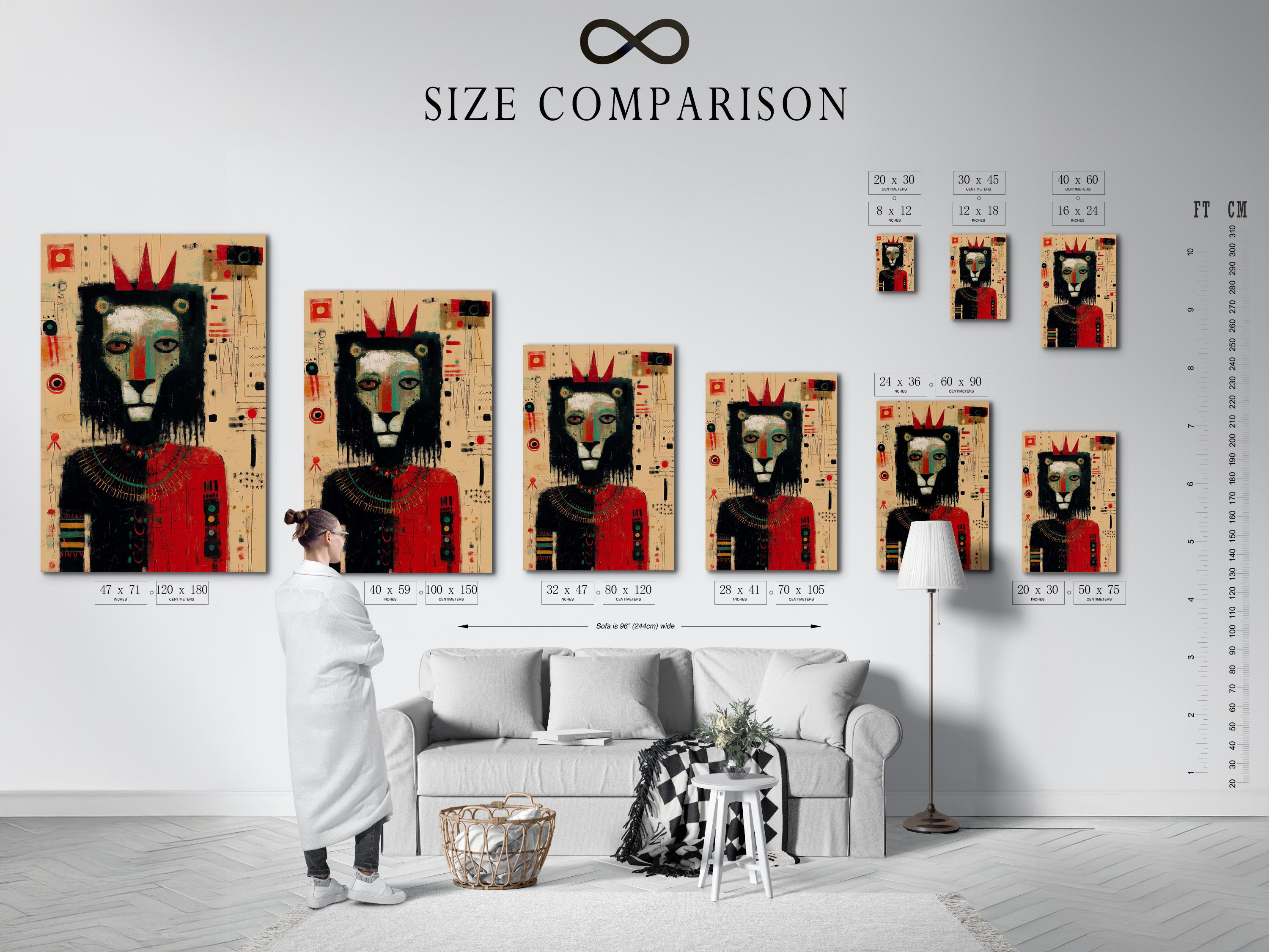 Stylised lion face artwork with a red crown shape on a beige abstract background detail view