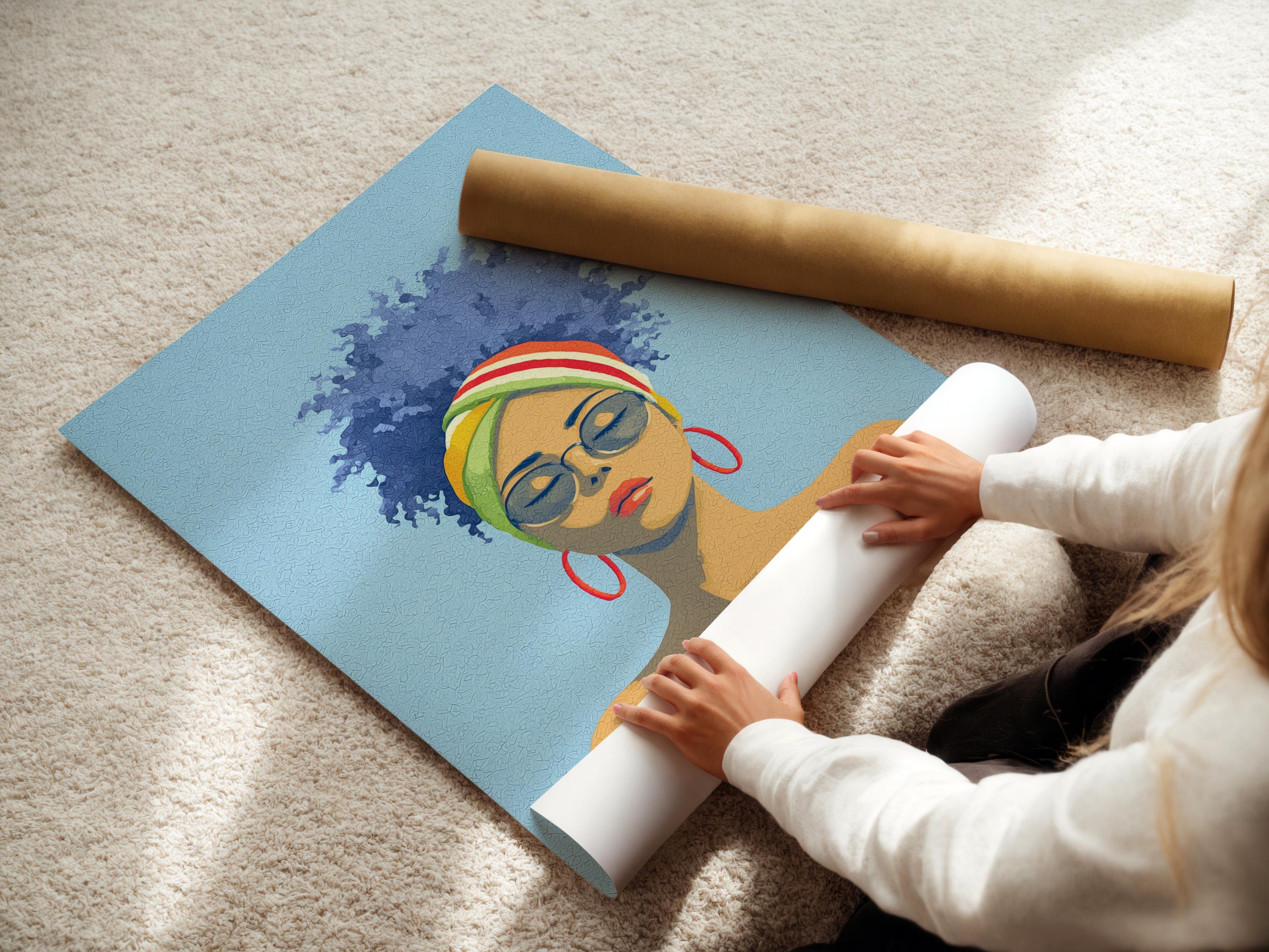 Stylised portrait of a woman with glasses and a rainbow headwrap on a textured blue background detail view