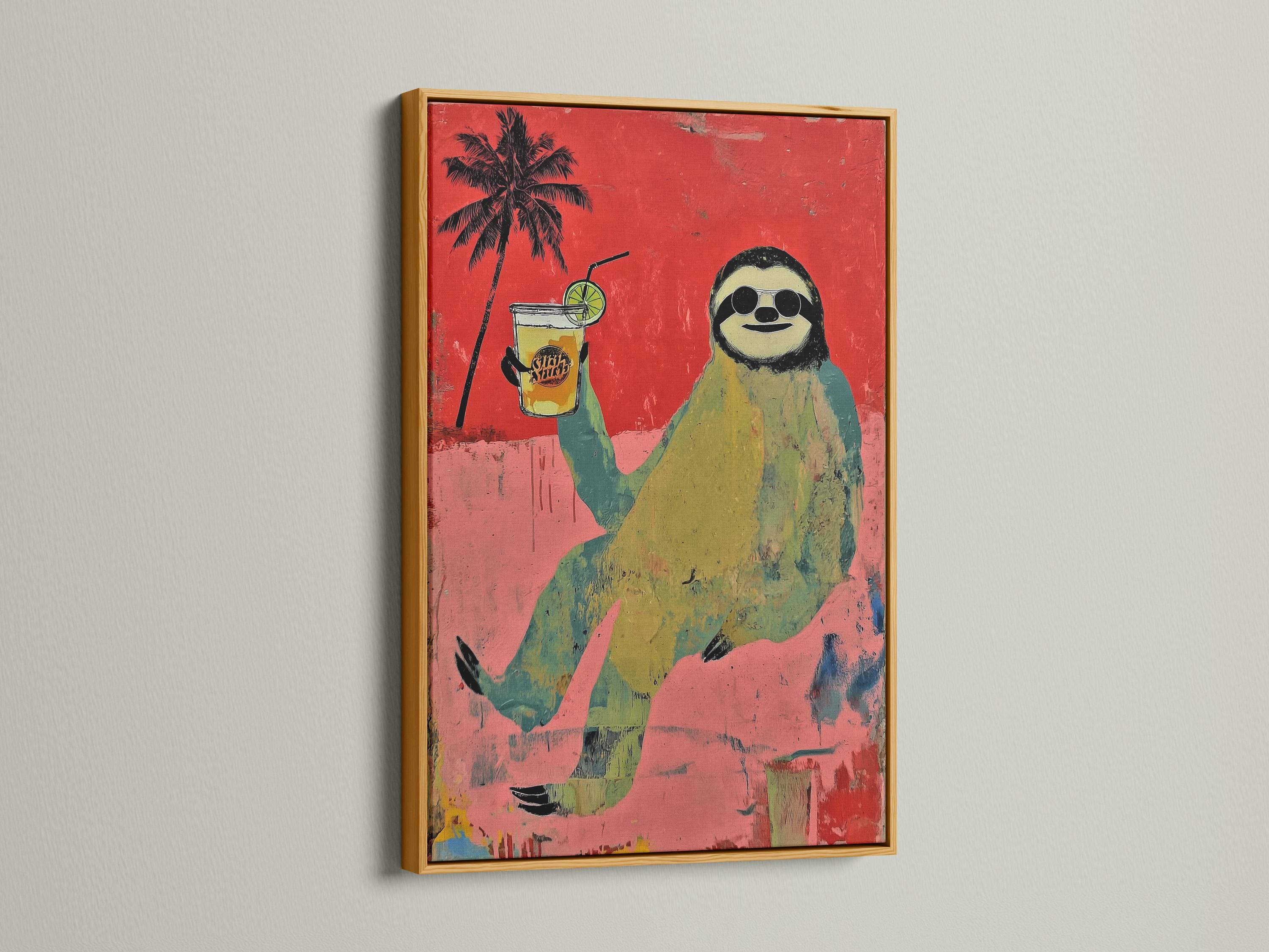 Cartoon sloth with round goggles holding a green drink with straw and lime slice, beside a palm tree on a red textured background detail view