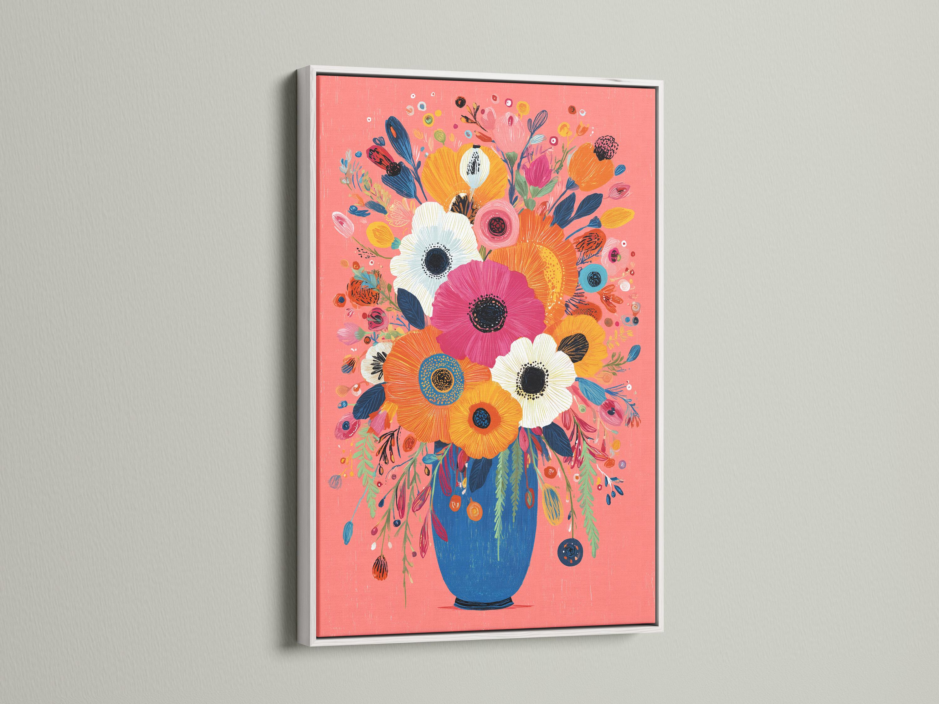 Stylised floral bouquet with large pink flowers in a blue vase on a coral background detail view