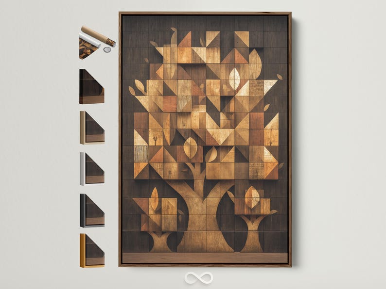 Geometric tree mosaic artwork with interlocking blocks in beige, tan, charcoal and gold tones