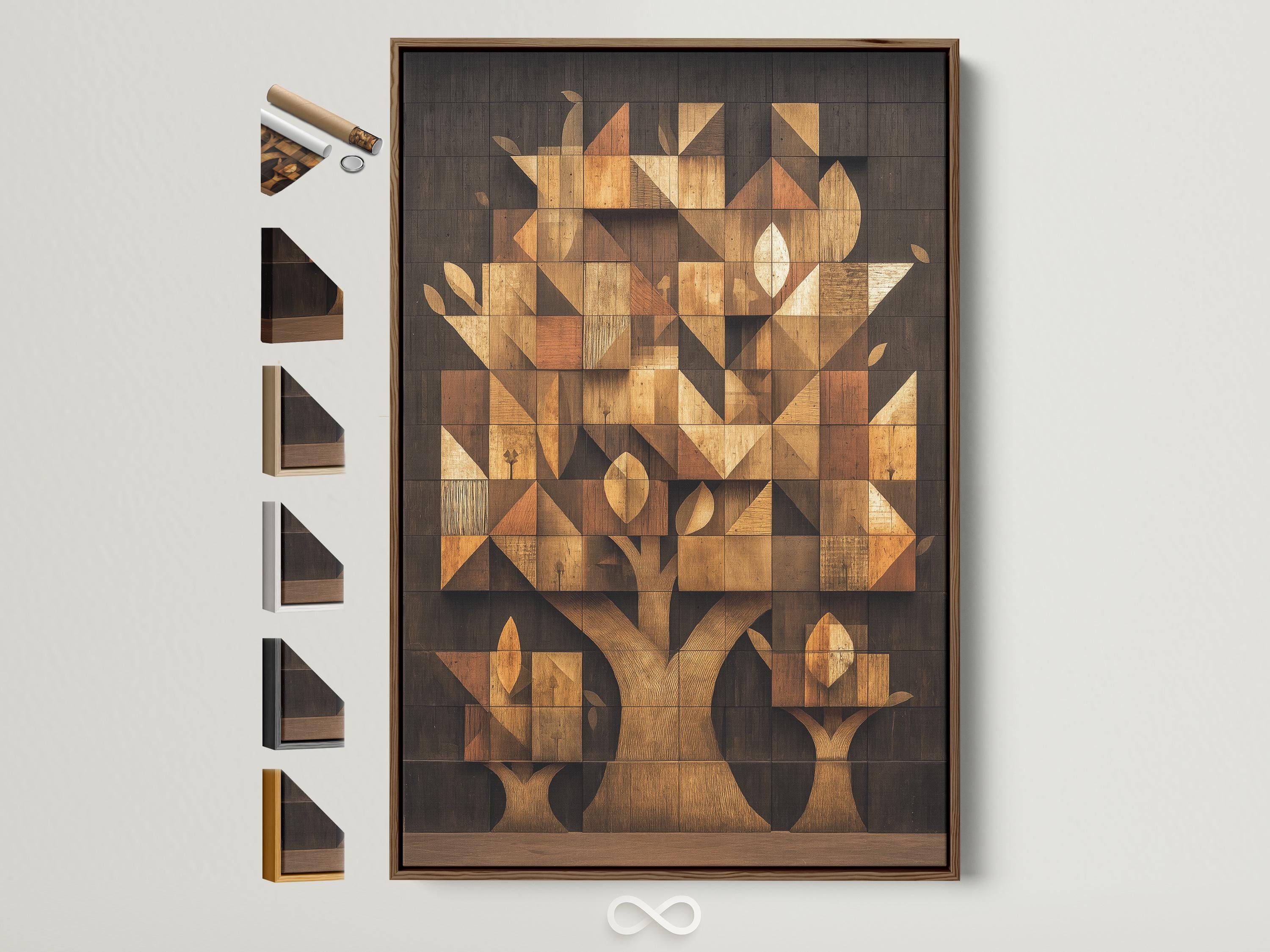 Geometric tree mosaic artwork with interlocking blocks in beige, tan, charcoal and gold tones