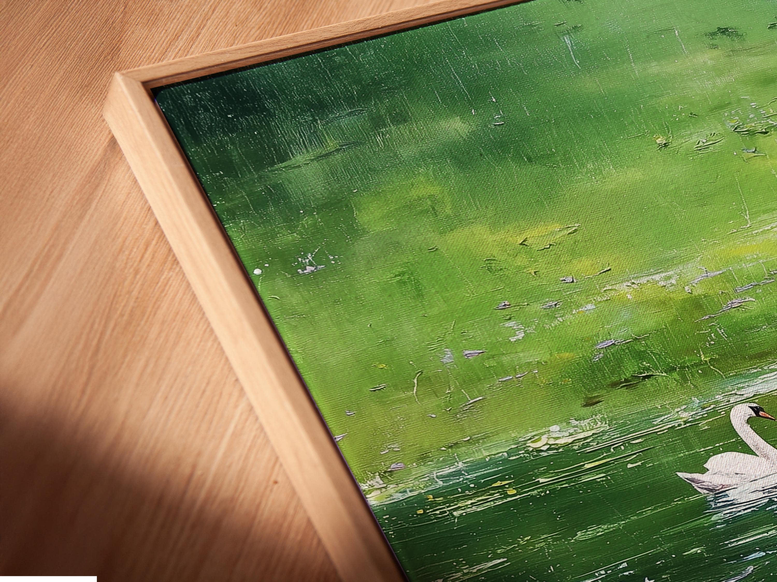 White swan in a green pond painting with lily pads and small purple-pink blossoms detail view