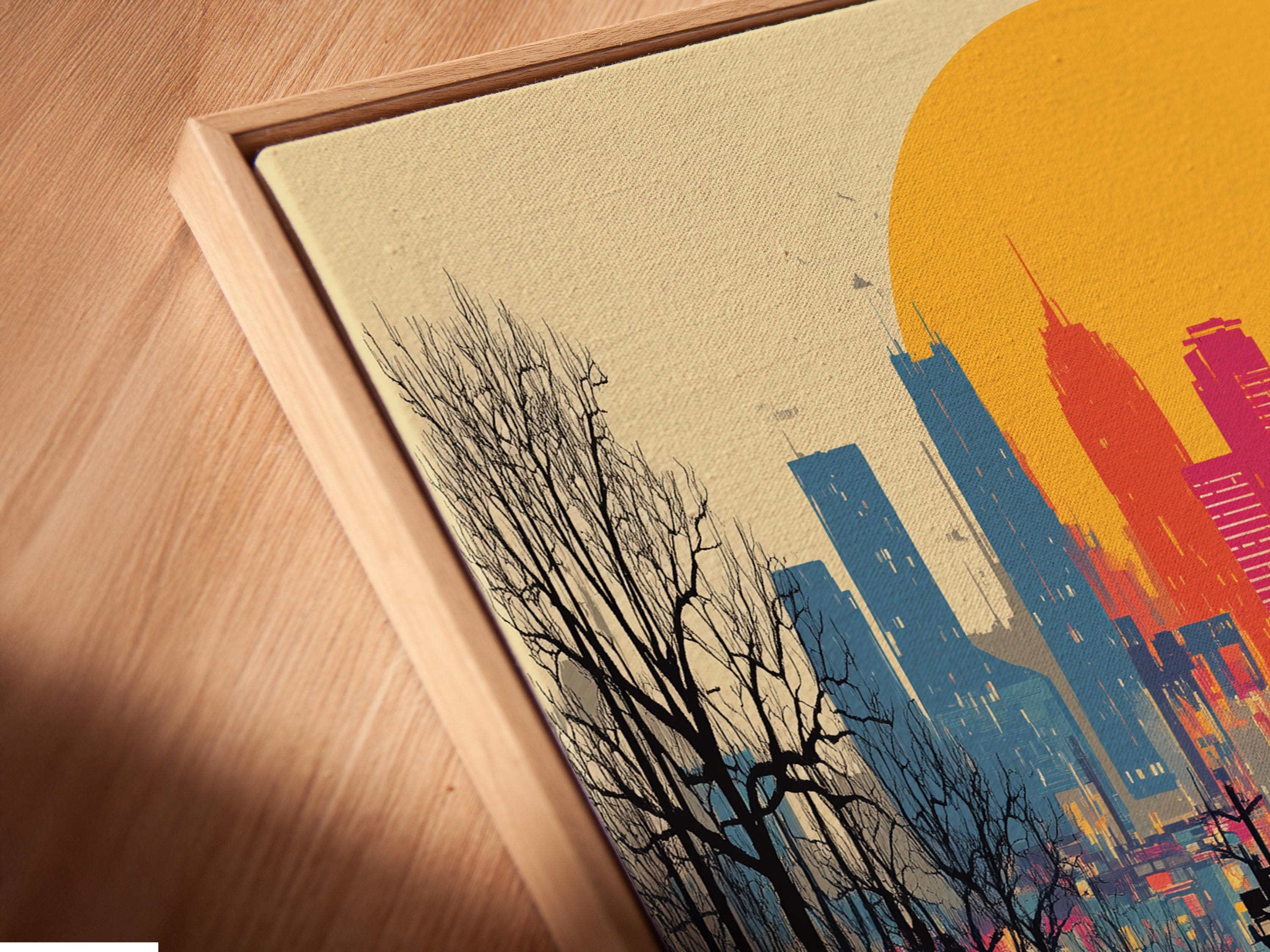 Sunset city skyline artwork in pink and blue with leafless trees and reflective water detail view