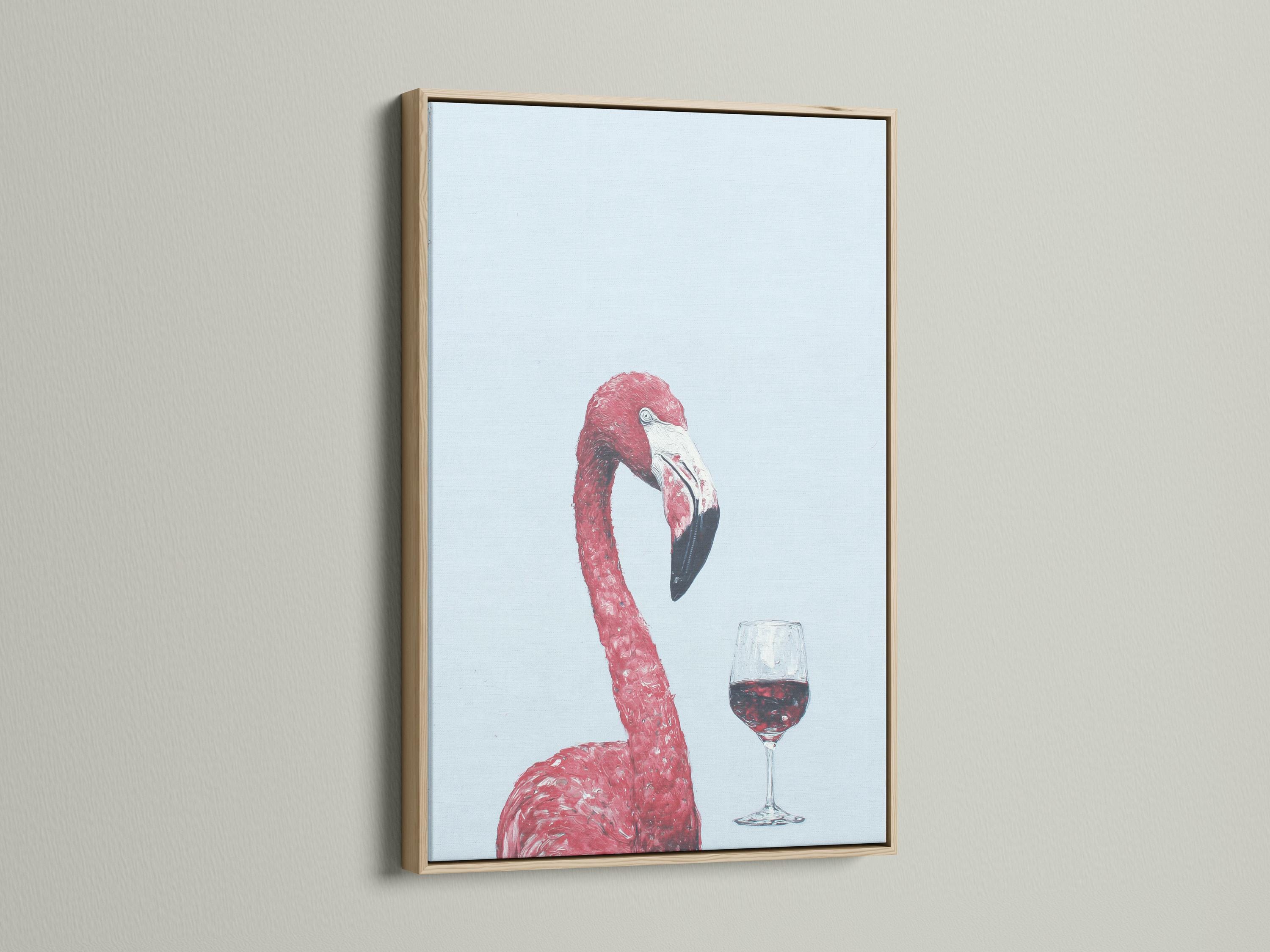 A pink flamingo is painted against a pale blue background, balancing a glass of red wine, with painterly speckled texture and soft contrast detail