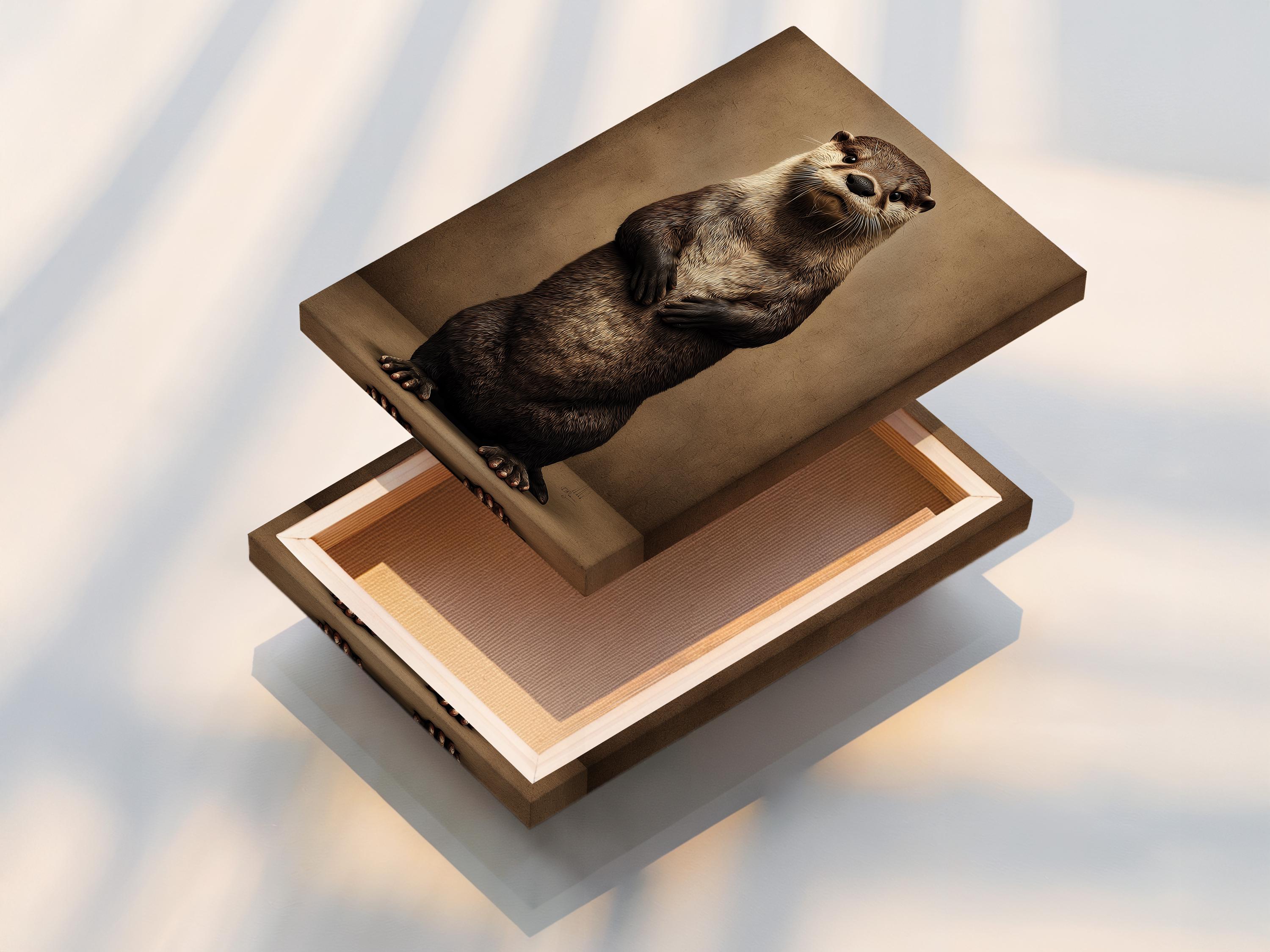 Stylised otter standing upright on a textured taupe background detail view