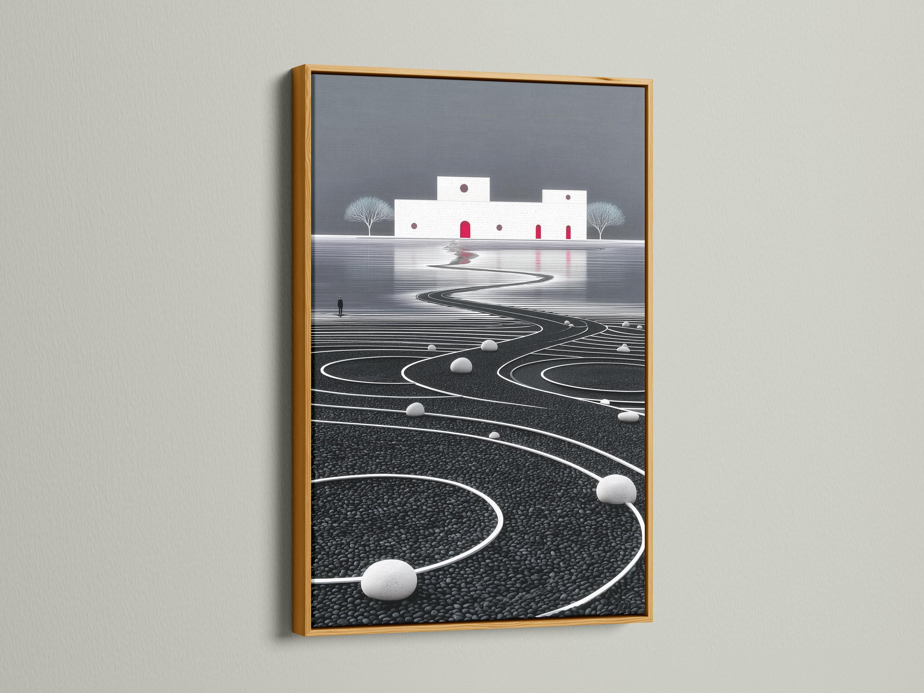 Minimalist zen landscape with a winding curved path across textured ground, grey sky, trees and red door accents detail view