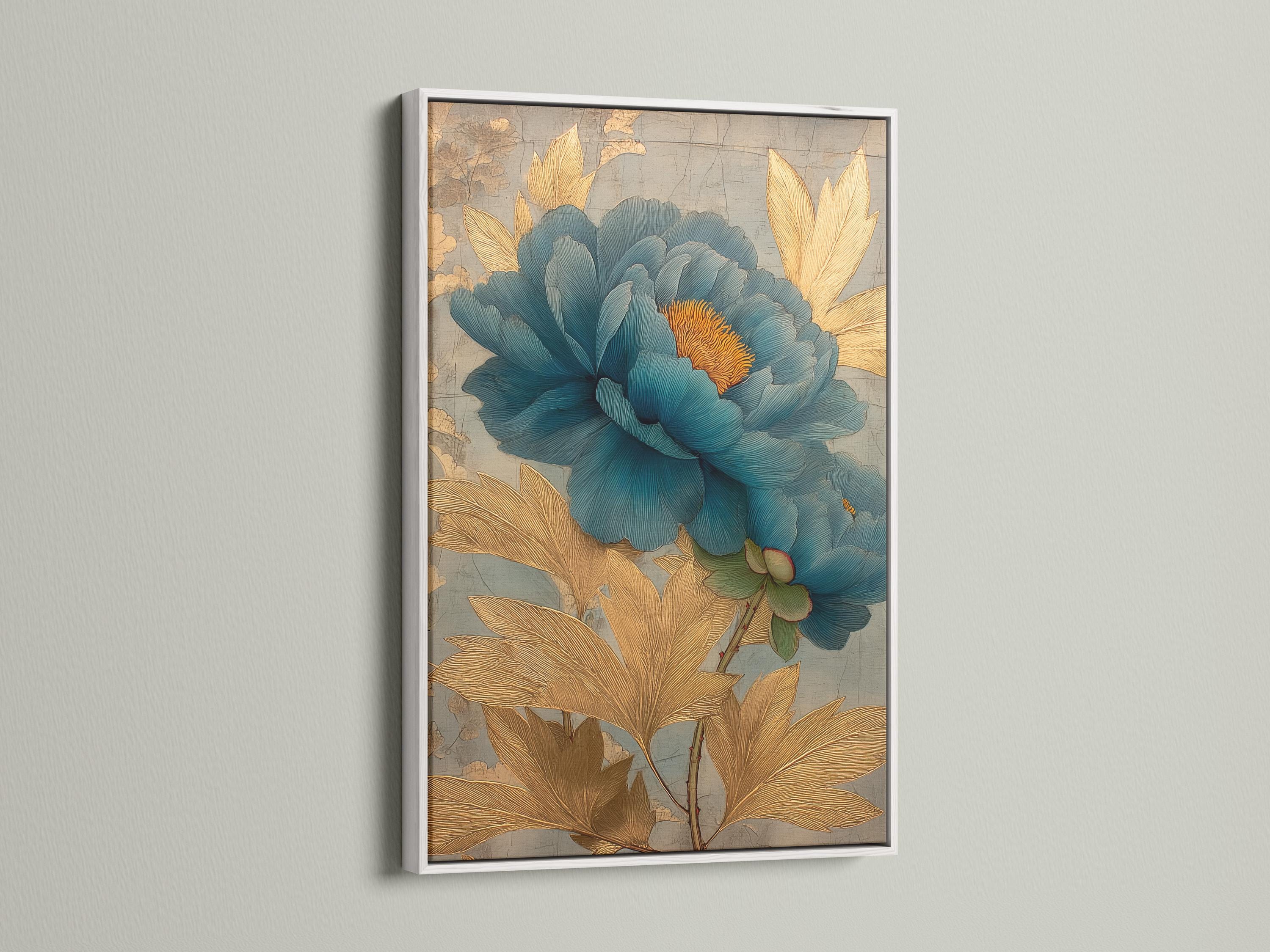 Teal peony flower with gold-brown leaves over a light grey map-like background detail view