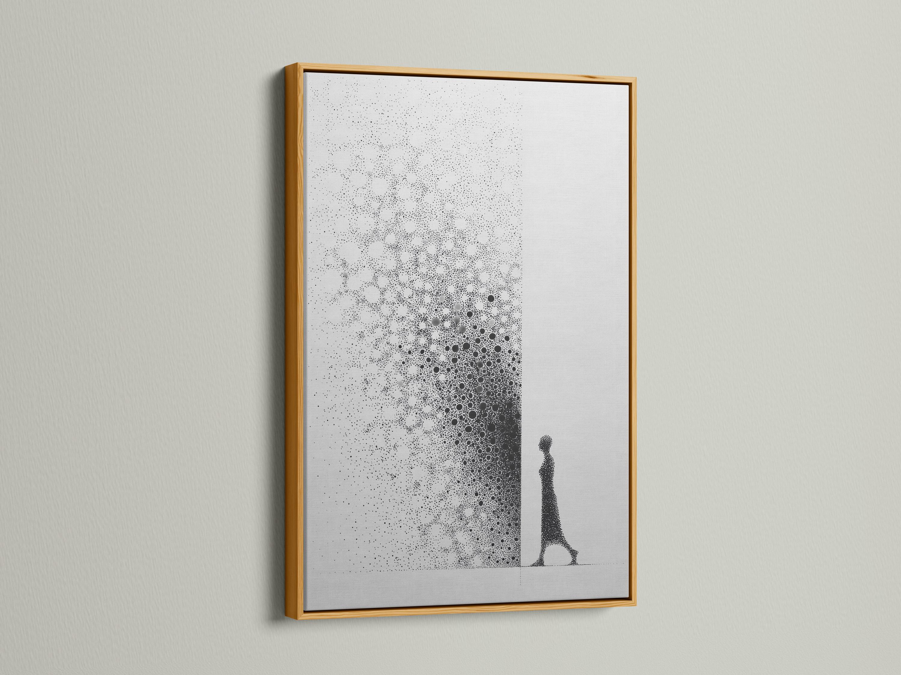 Monochrome abstract artwork with speckled dot clusters and an elongated figure silhouette detail view