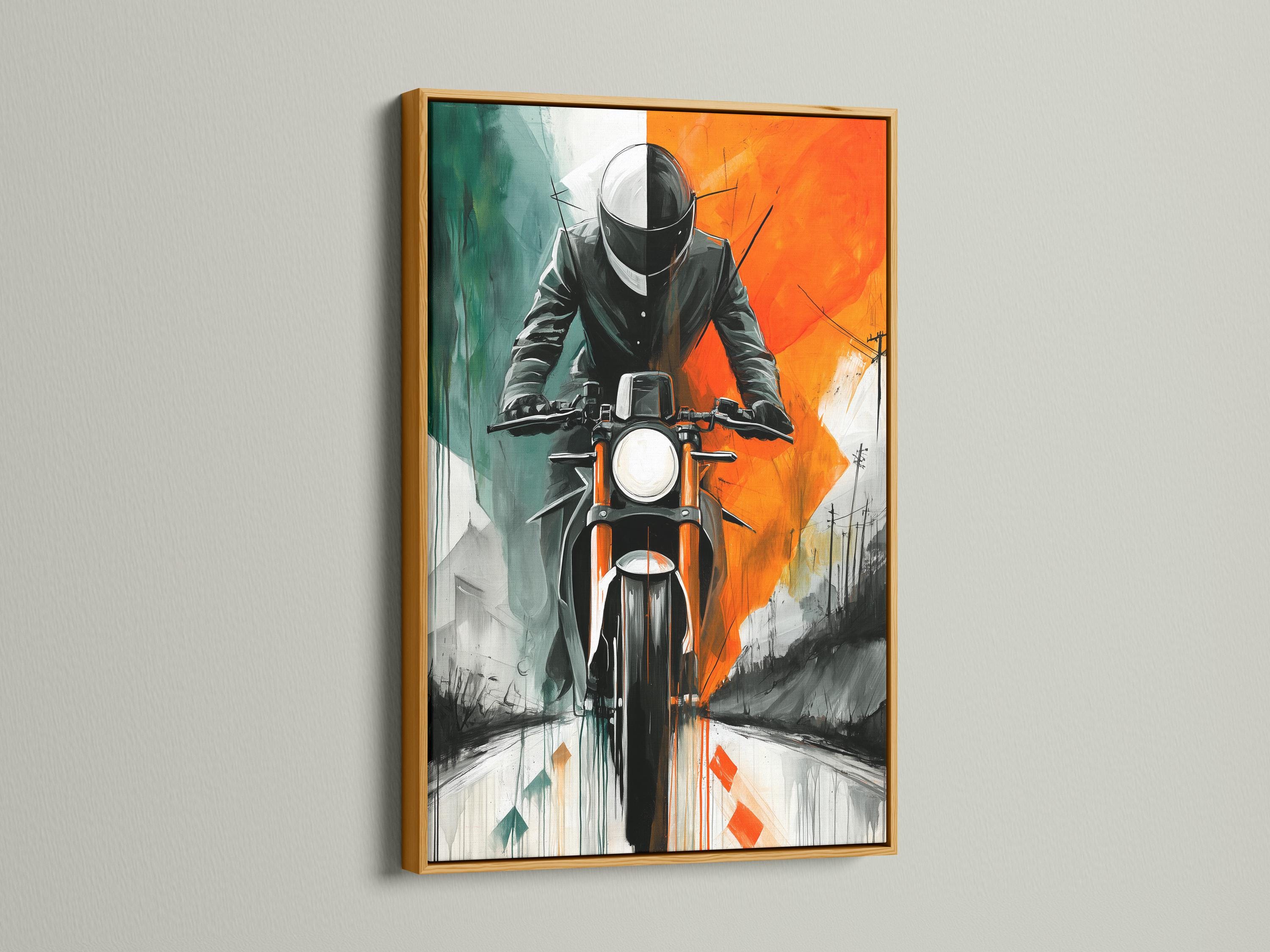 Stylised motorcyclist with helmet, headlight and retro road scene in orange, teal and grey detail view