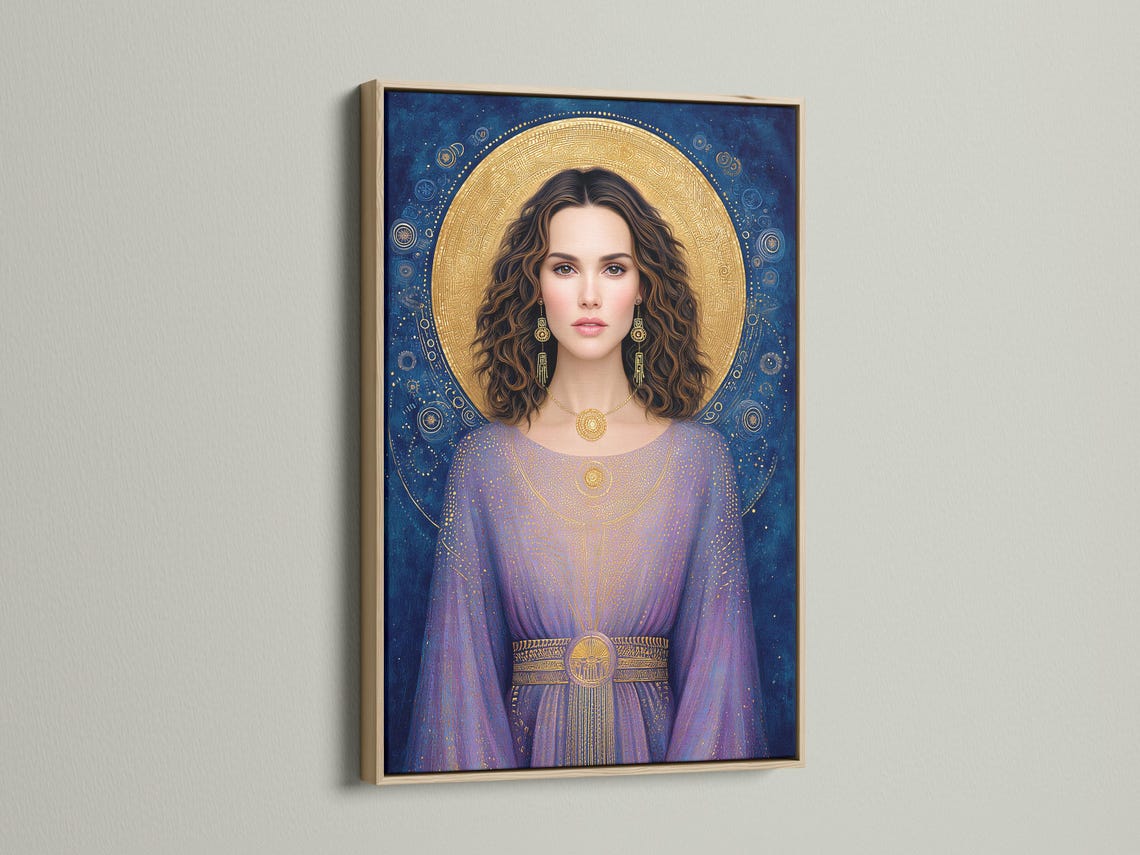 Celestial goddess portrait with a gold halo, blue and purple robe, and decorative star-like speckles detail view