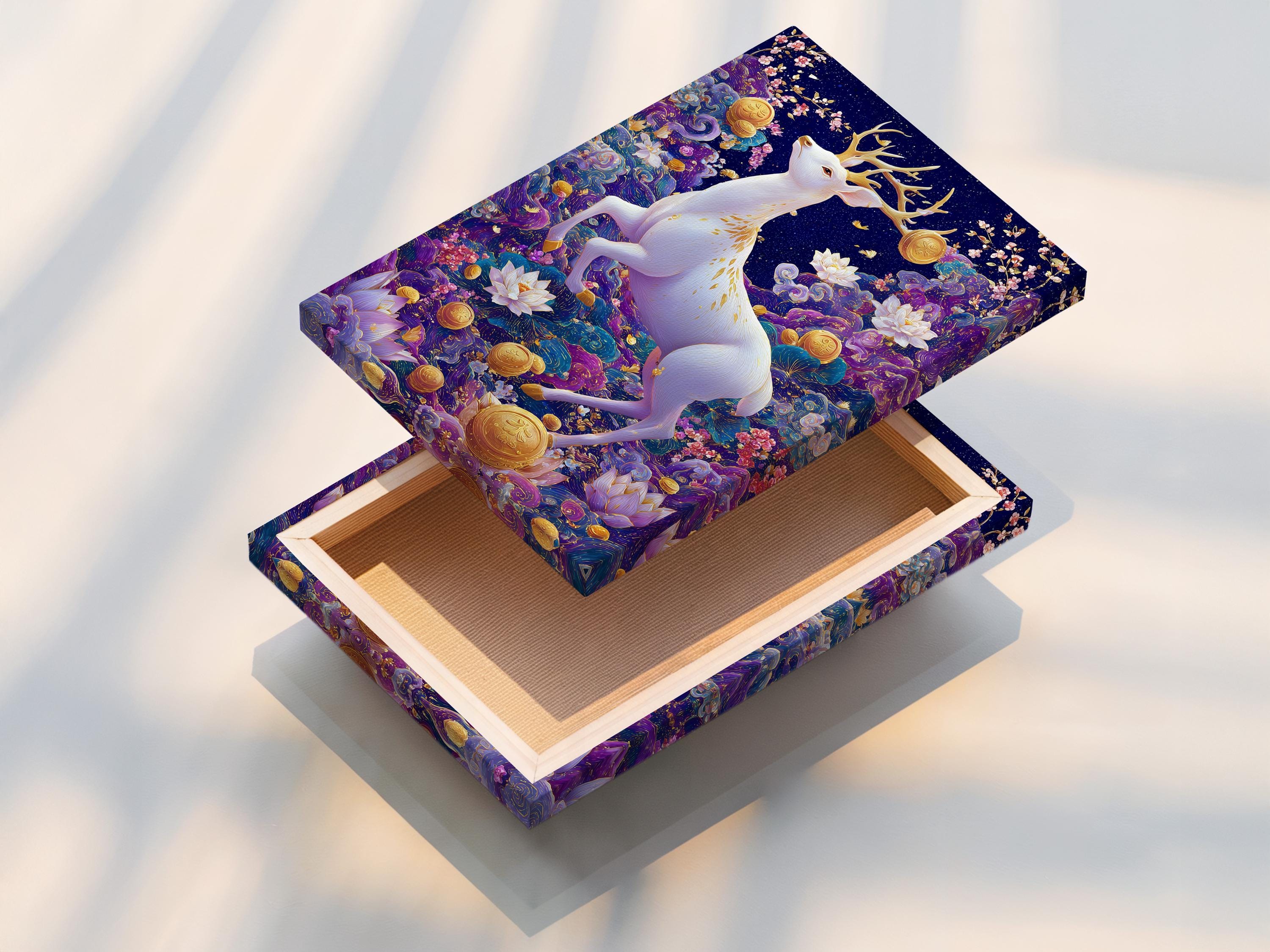 White deer with branching antlers in a navy and purple fantasy scene with lotus flowers and gold coins detail view