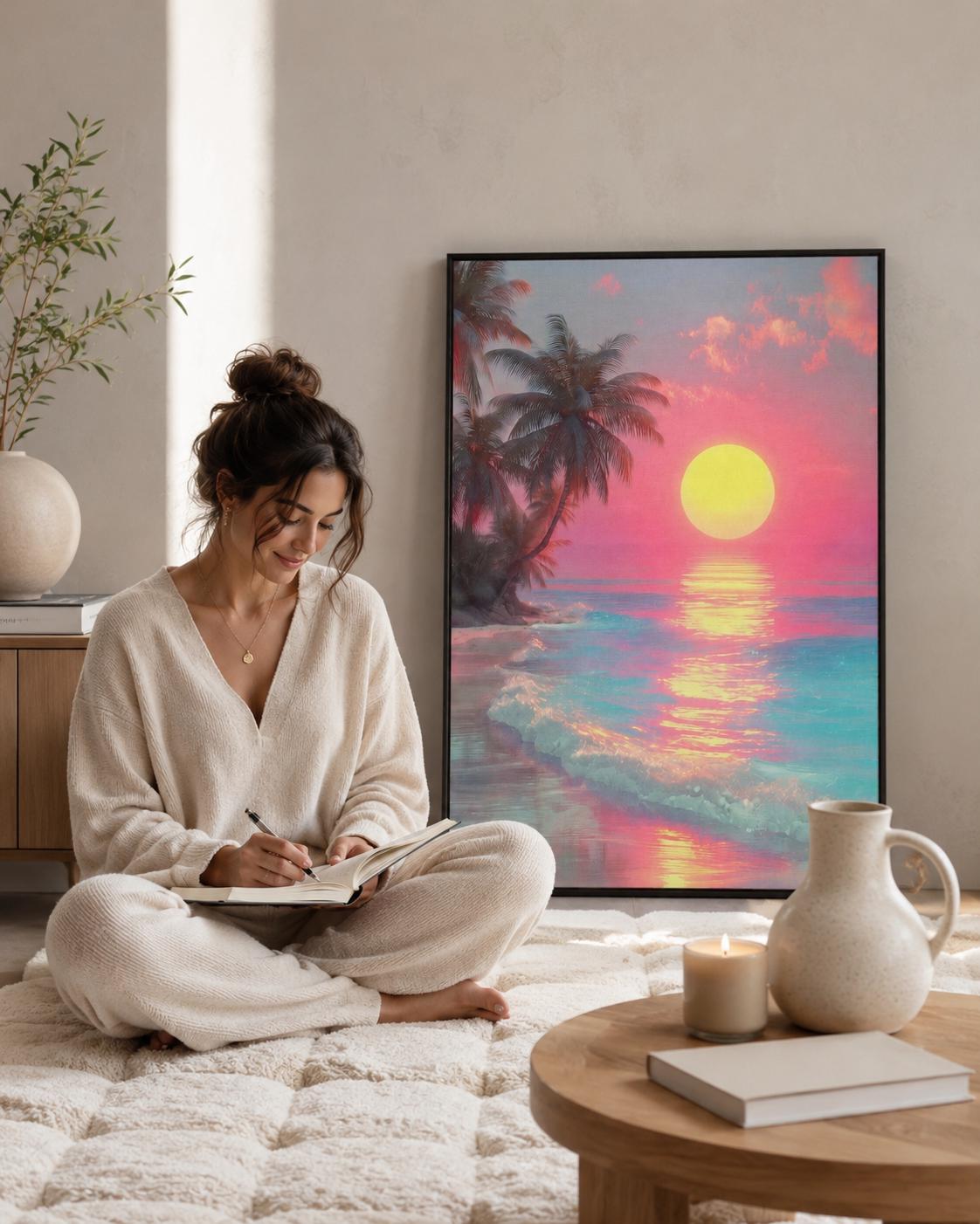 A framed tropical seascape shows a bright yellow sun over pink and turquoise water, with palm silhouettes and glowing reflections detail view
