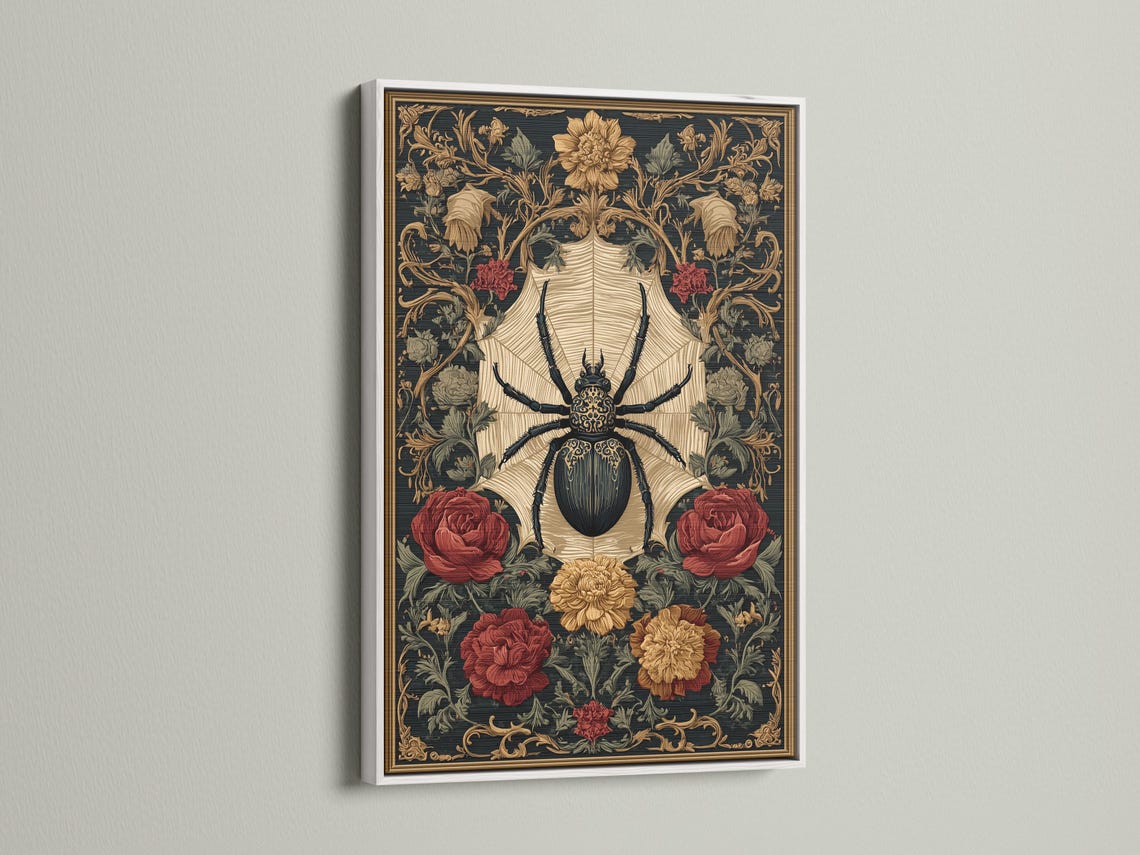 Gothic artwork with a central black spider, cream starburst, and roses detail view