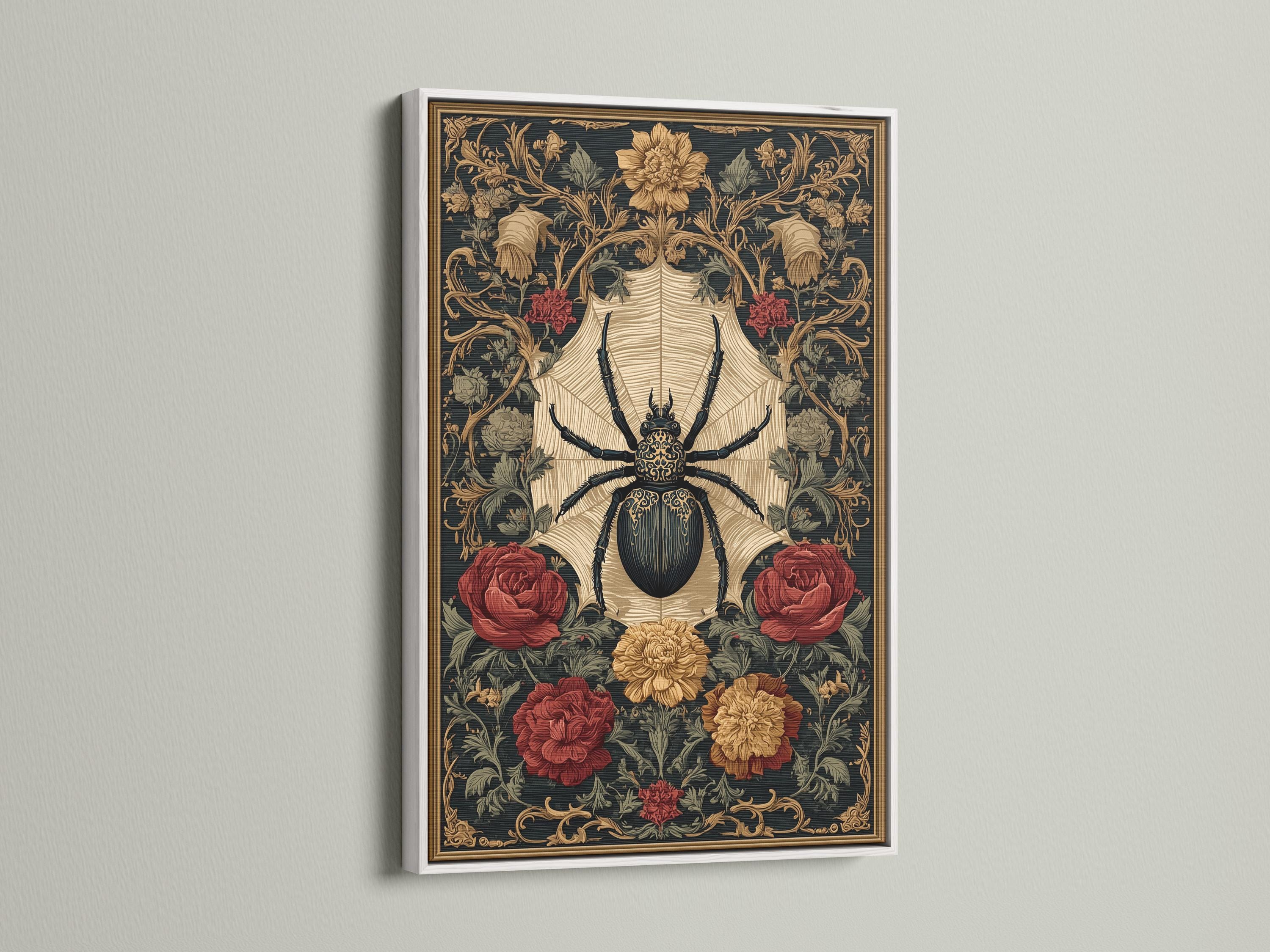 Gothic artwork with a central black spider, cream starburst, and roses detail view