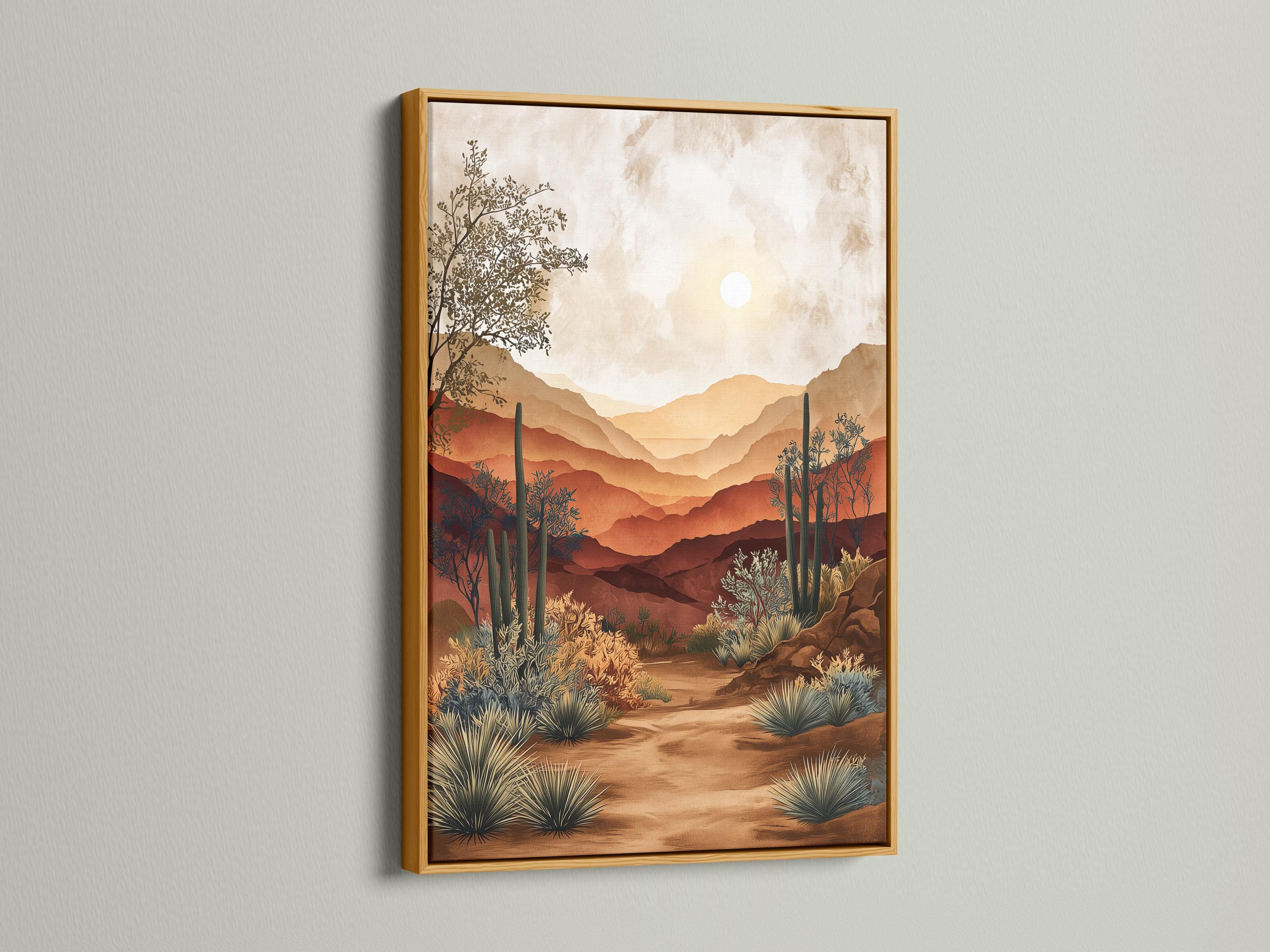 Warm desert landscape artwork with layered mountains, pale sun, and cactus-like plants detail view