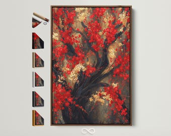 Red Blossoms Canvas Print - Japanese Cherry Tree Wall Art, Asian Botanical Artwork for Dining Room Decor