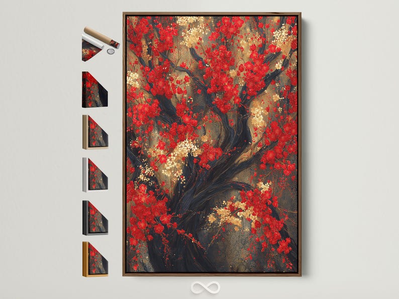 Red blossom tree artwork with dark branches and clusters of red, cream and gold flowers
