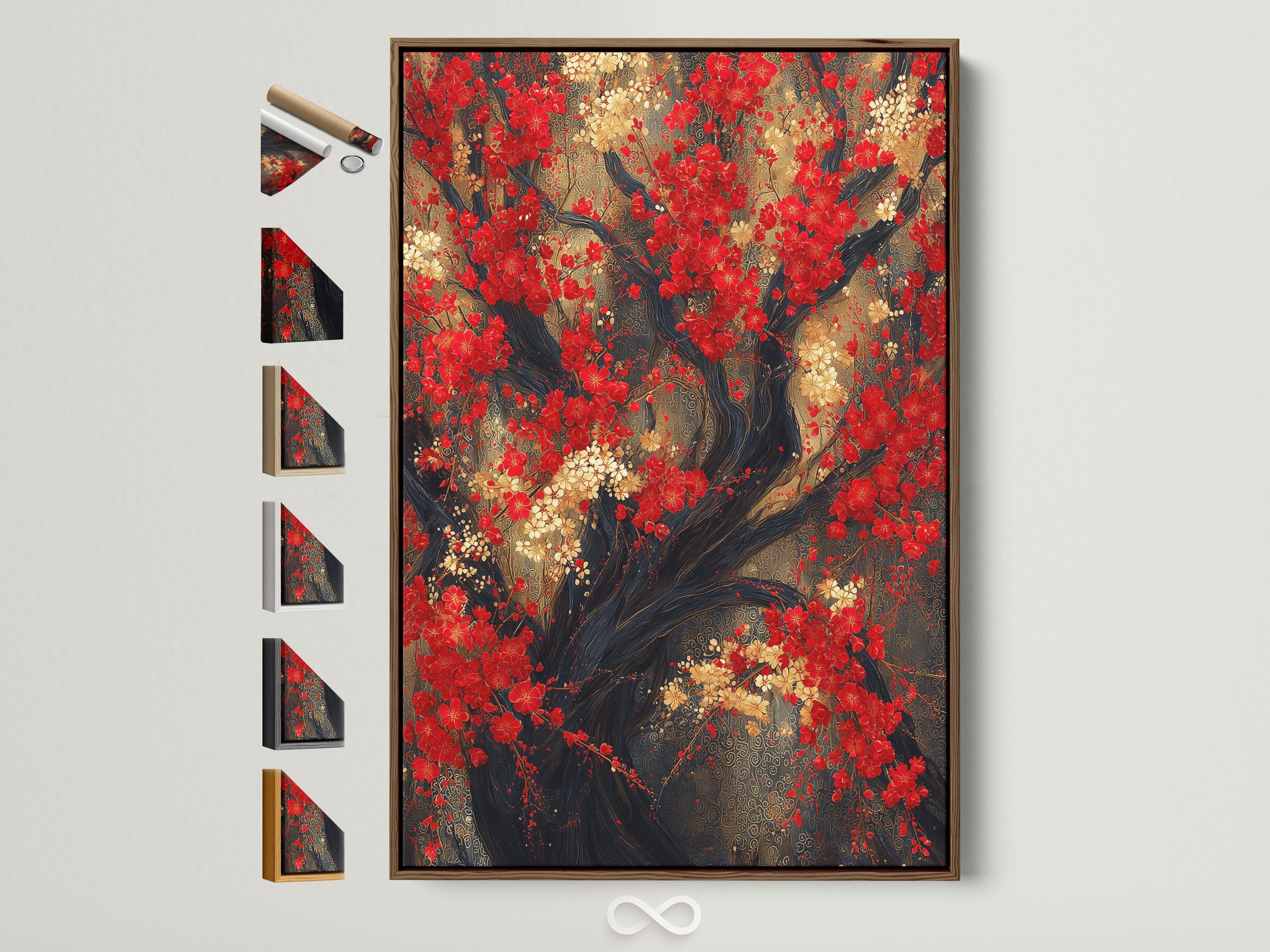 Red blossom tree artwork with dark branches and clusters of red, cream and gold flowers