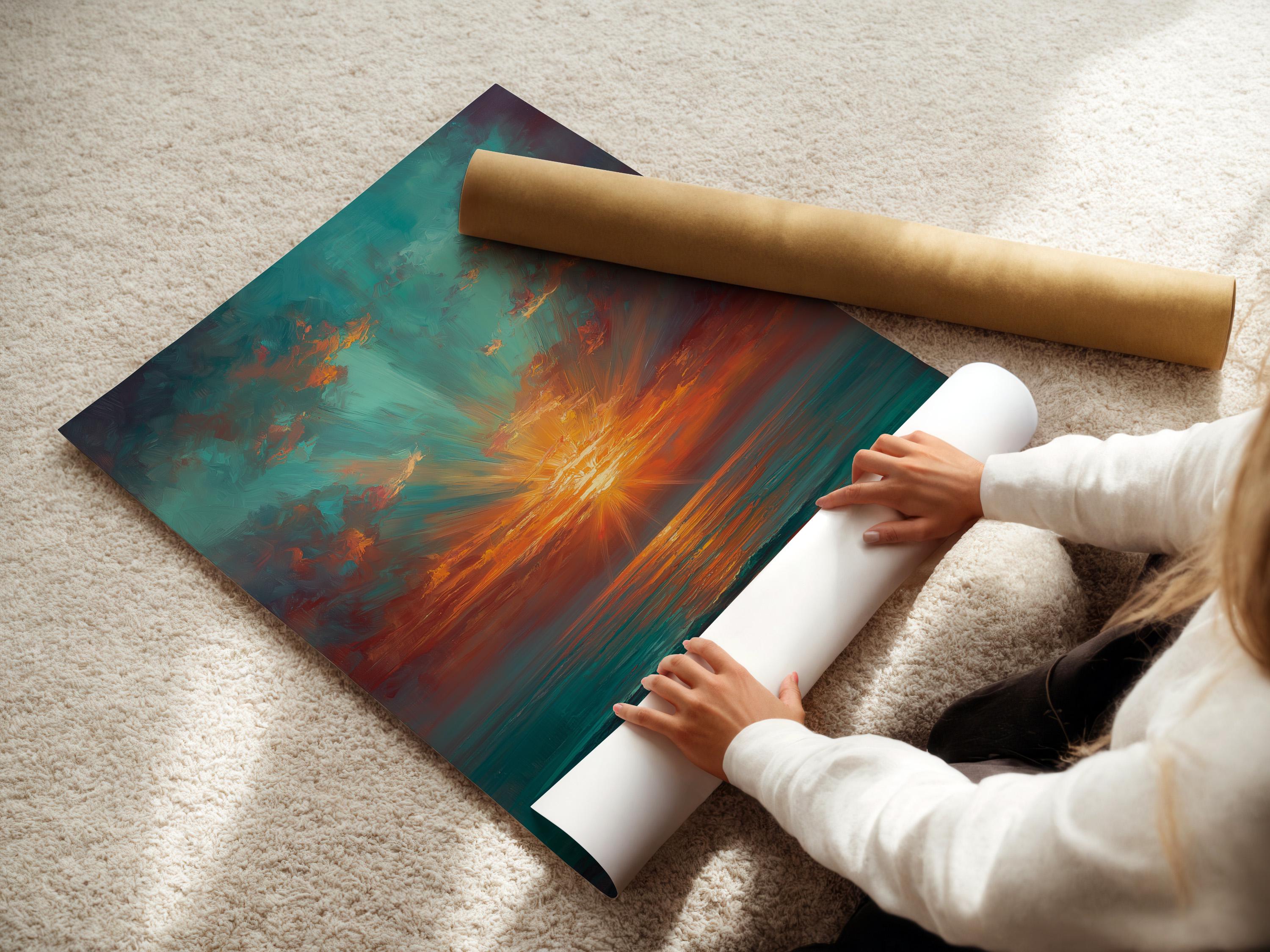 Room mockup with a sofa and a framed teal and copper sunset seascape artwork on the wall