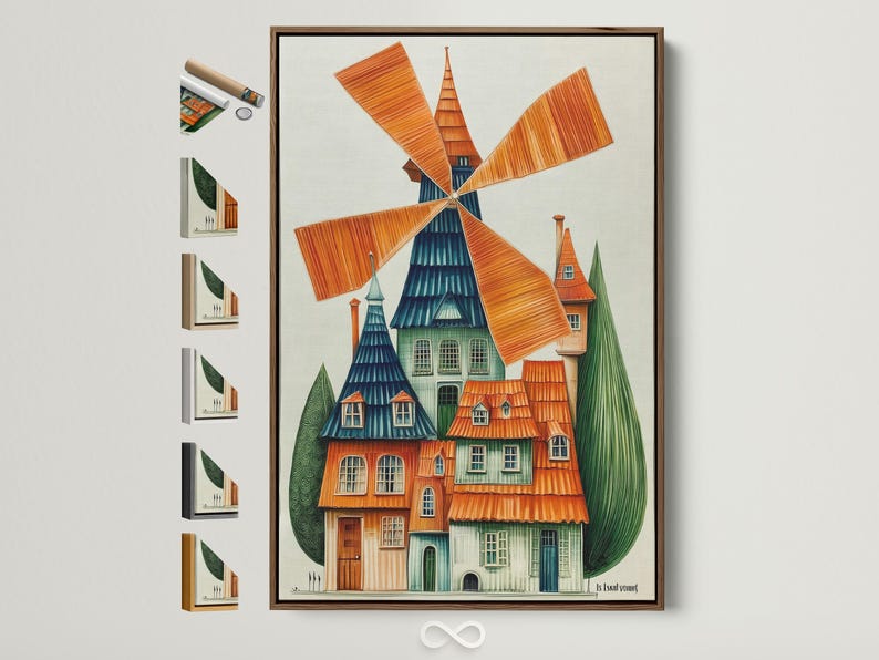 Illustrated windmill scene with orange blades and a blue-green house