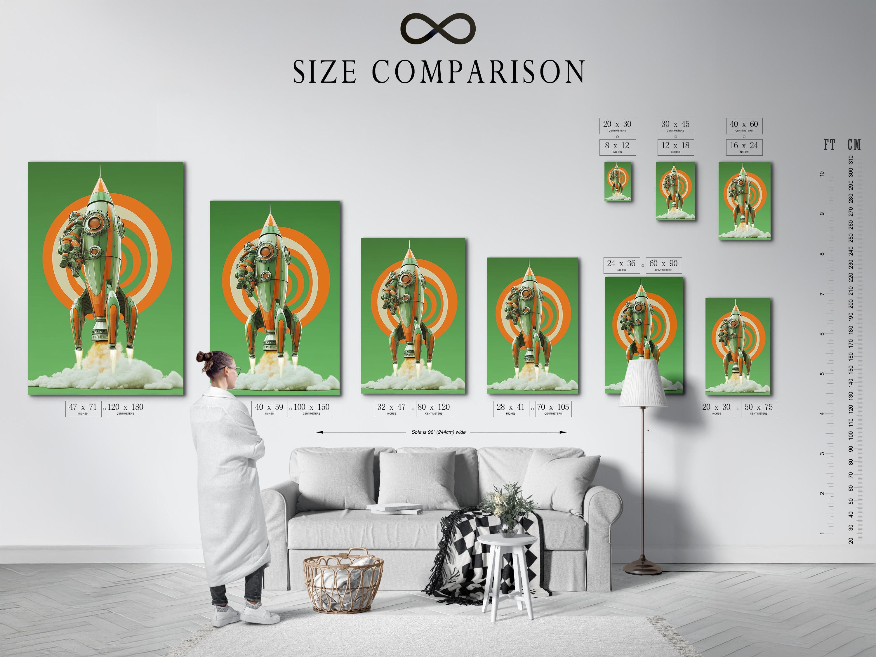 Retro space rocket with astronaut, mint green background and orange concentric rays detail view