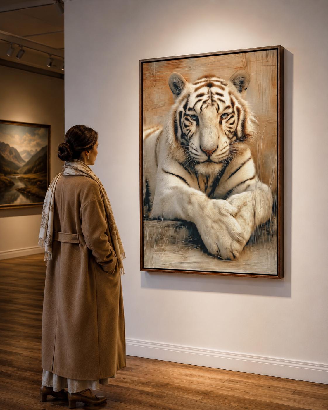 Office mockup with a tiger portrait artwork on the wall