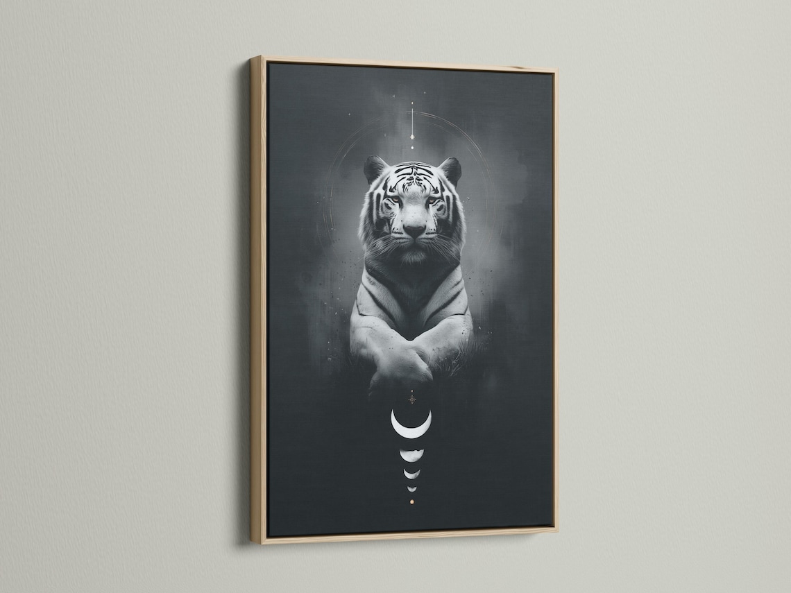Room mockup showing framed tiger wall art with crescent moons and circular halo