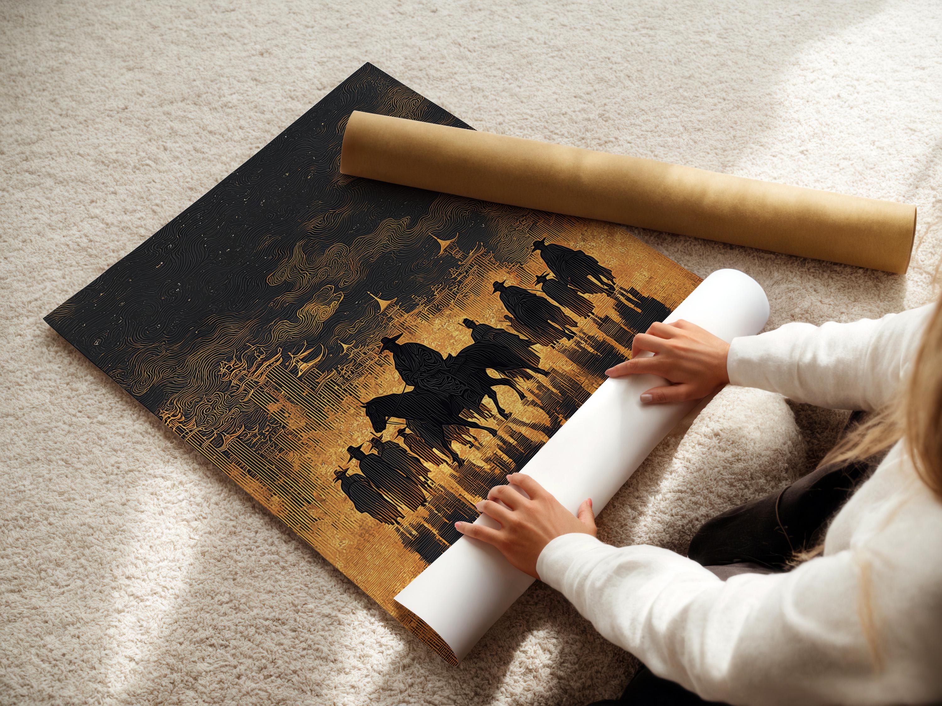 Cowboy riders on horseback in dark silhouettes with a black and gold skyline backdrop detail view
