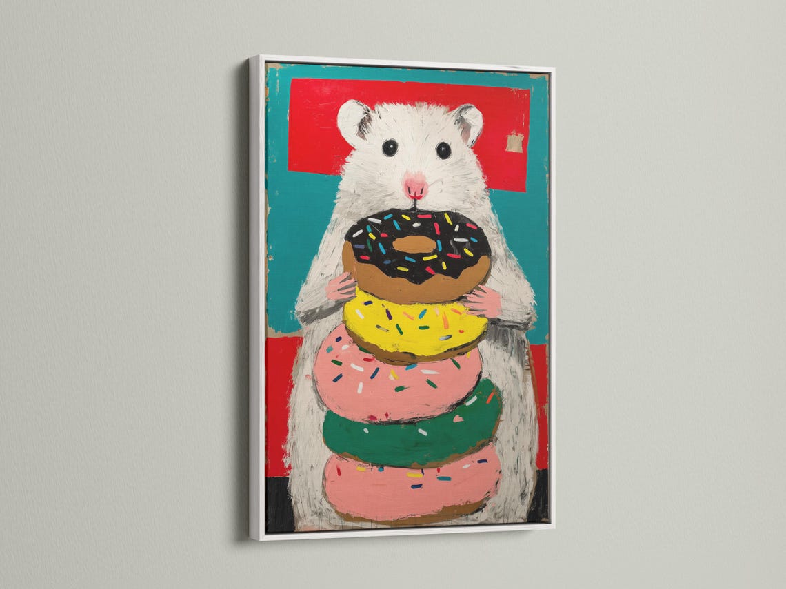 Playful hamster holding a doughnut stack with colourful sprinkles against a red and teal background detail view