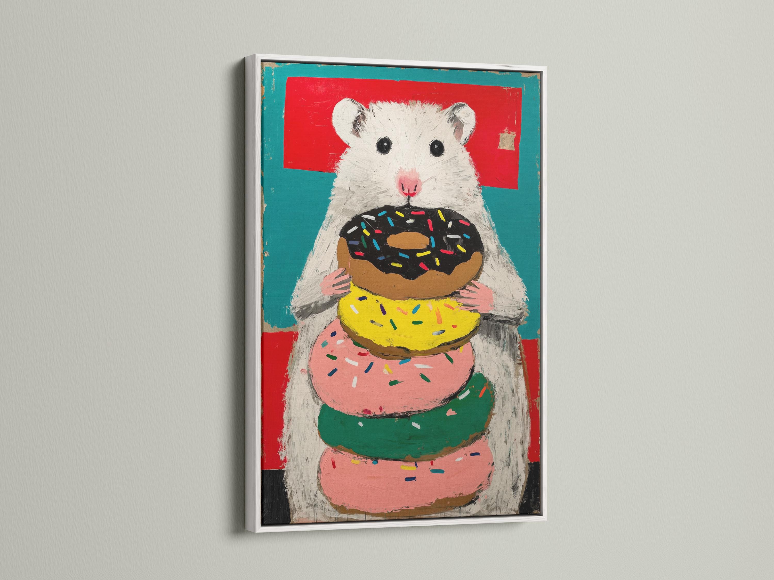 Playful hamster holding a doughnut stack with colourful sprinkles against a red and teal background detail view