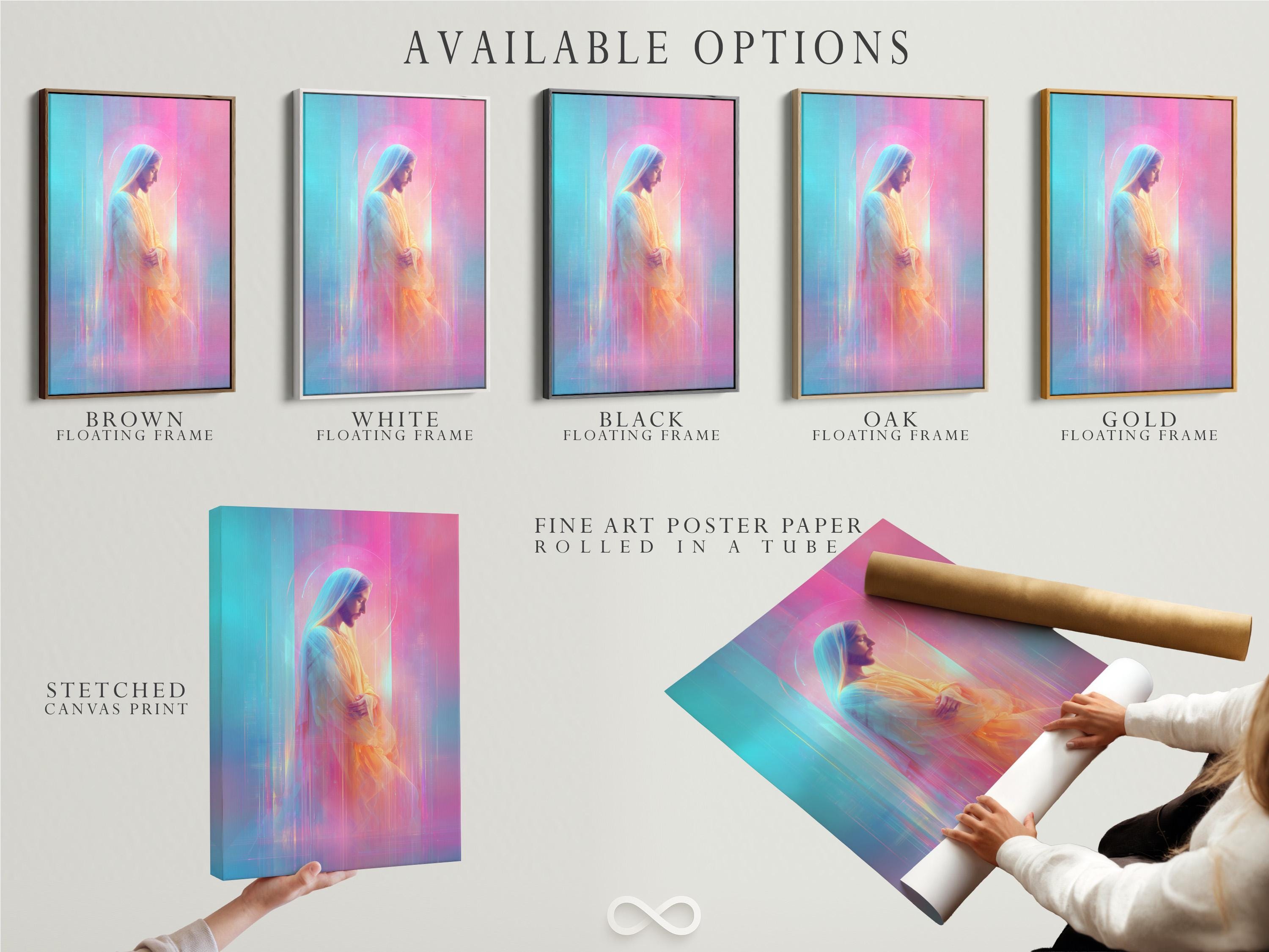 Stylised Jesus Christ portrait in profile with a glowing halo, pink and aqua background detail view