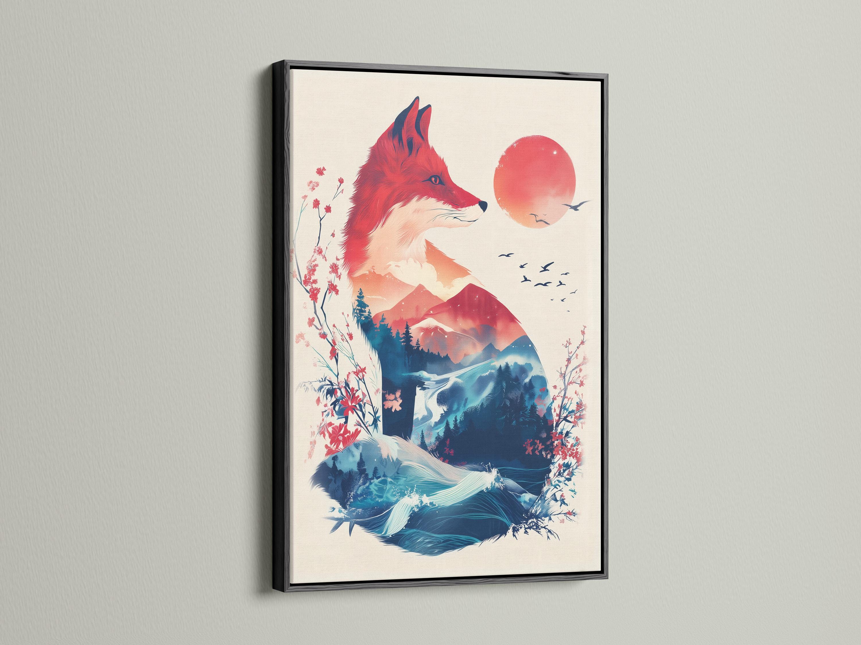 A stylised red fox faces right above layered blue mountains, with pink blossoms, a large orange sun and small birds in flight detail view